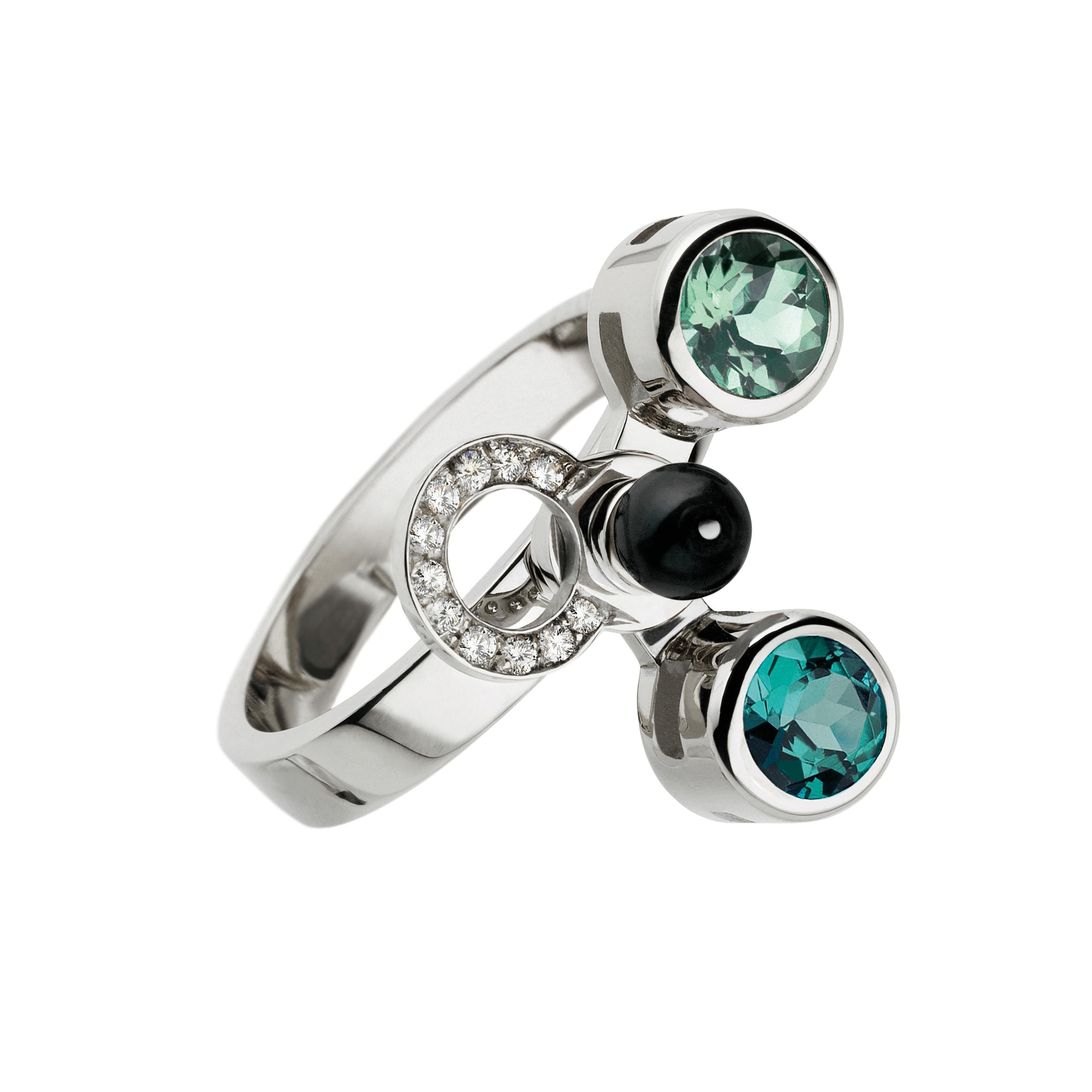 Contemporary Nathalie Jean Diamond Emerald Tourmaline Pearl Onyx Gold Colorful Cocktail Rings