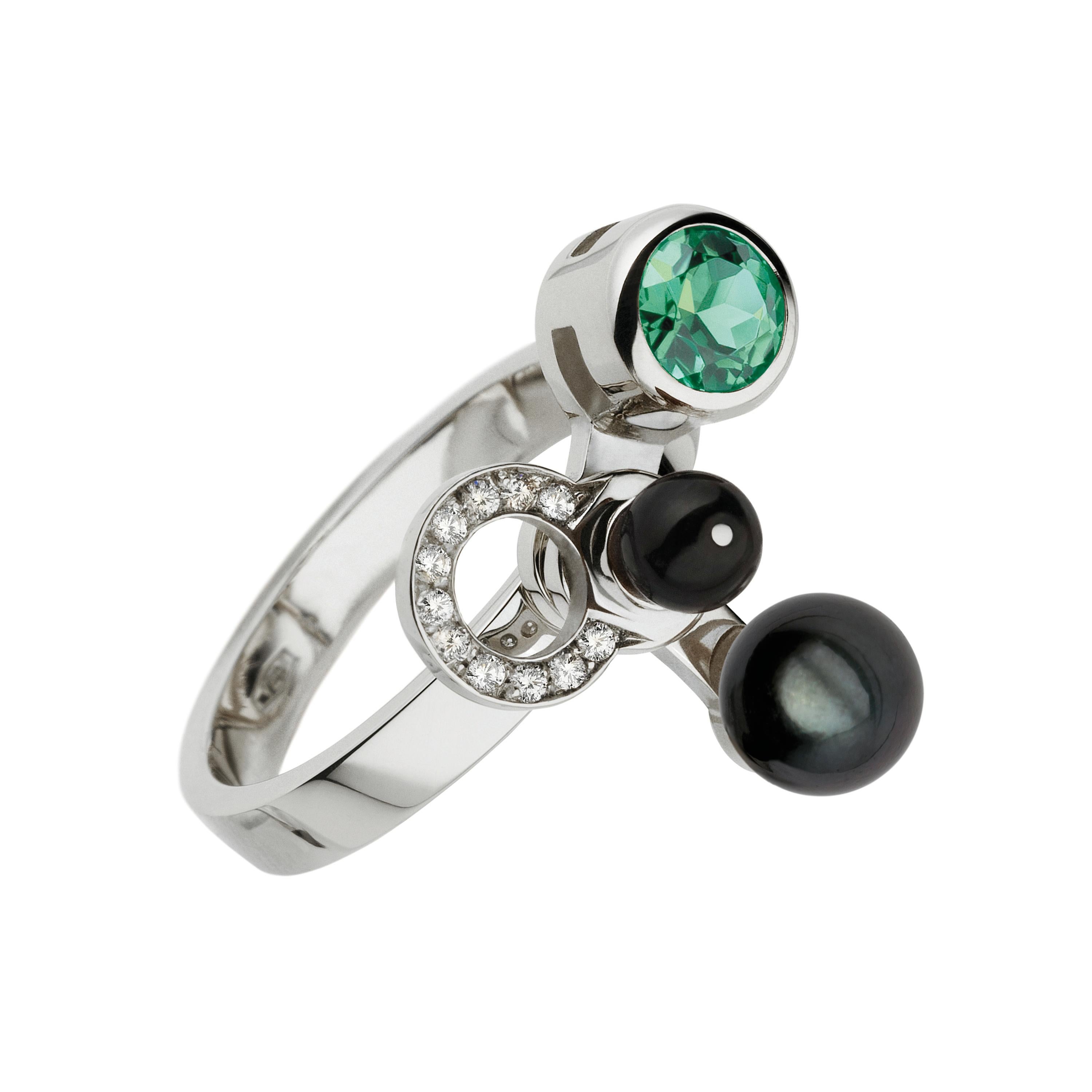 Round Cut Nathalie Jean Diamond Emerald Tourmaline Pearl Onyx Gold Colorful Cocktail Rings