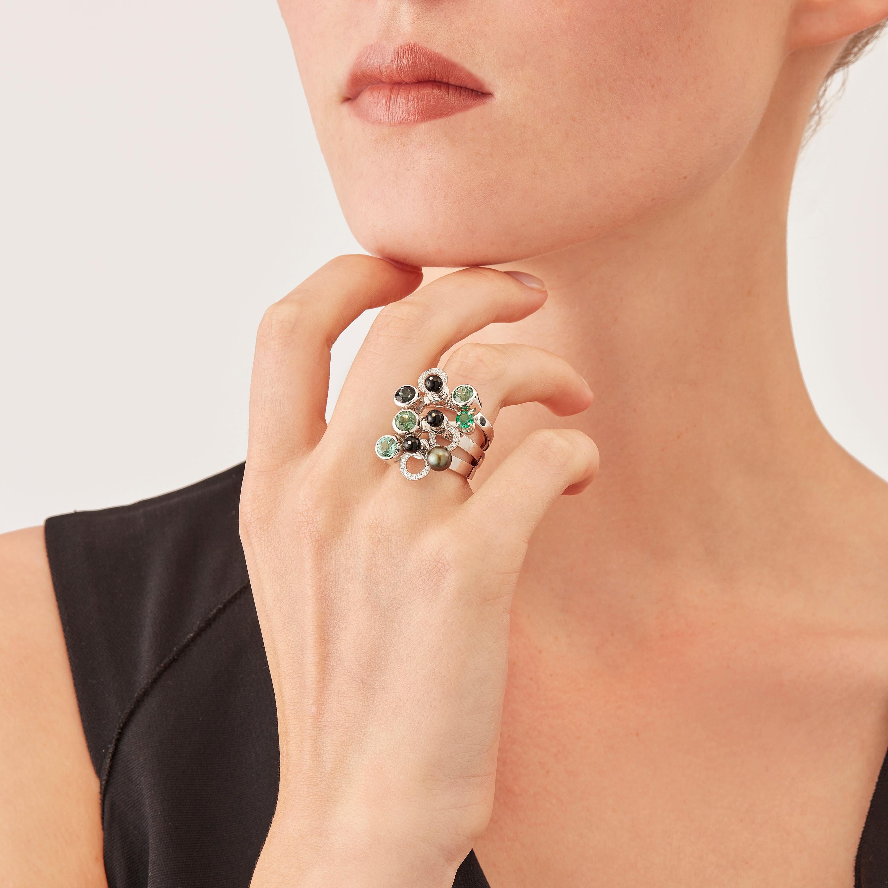 Nathalie Jean Diamond Emerald Tourmaline Pearl Onyx Gold Colorful Cocktail Rings In New Condition In Milan, Lombardia