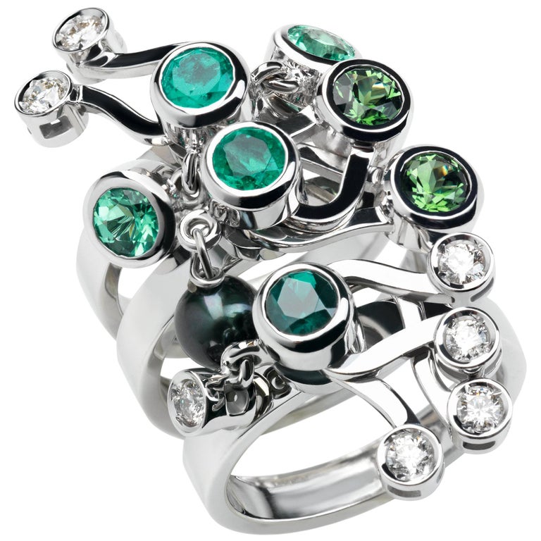 Nathalie Jean Diamond Emerald Tourmaline Pearl Gold Cluster Cocktail Ring For Sale at 1stDibs