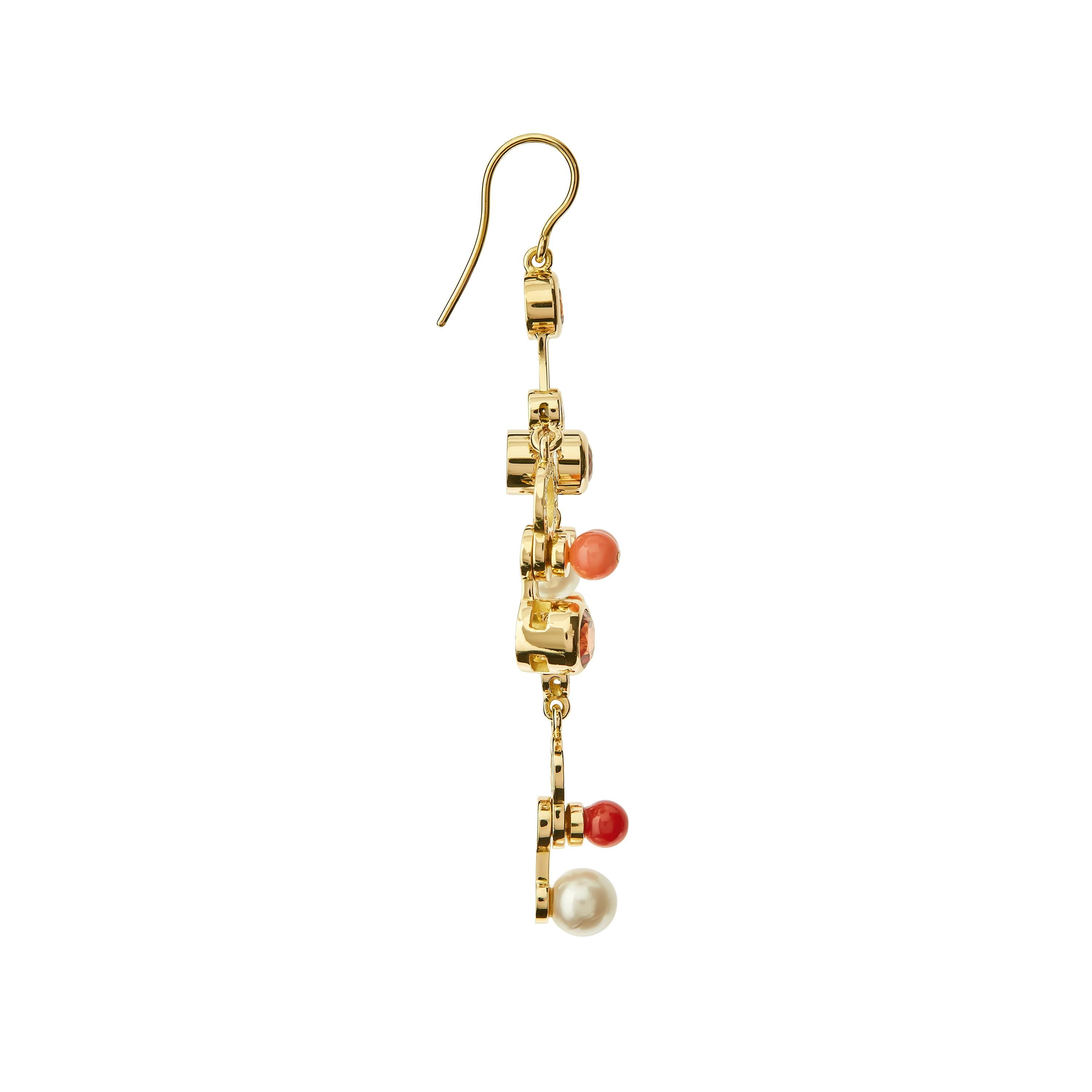 Contemporary Nathalie Jean Diamond Ruby Tourmaline Pearl Carnelian Gold Chandelier Earrings For Sale