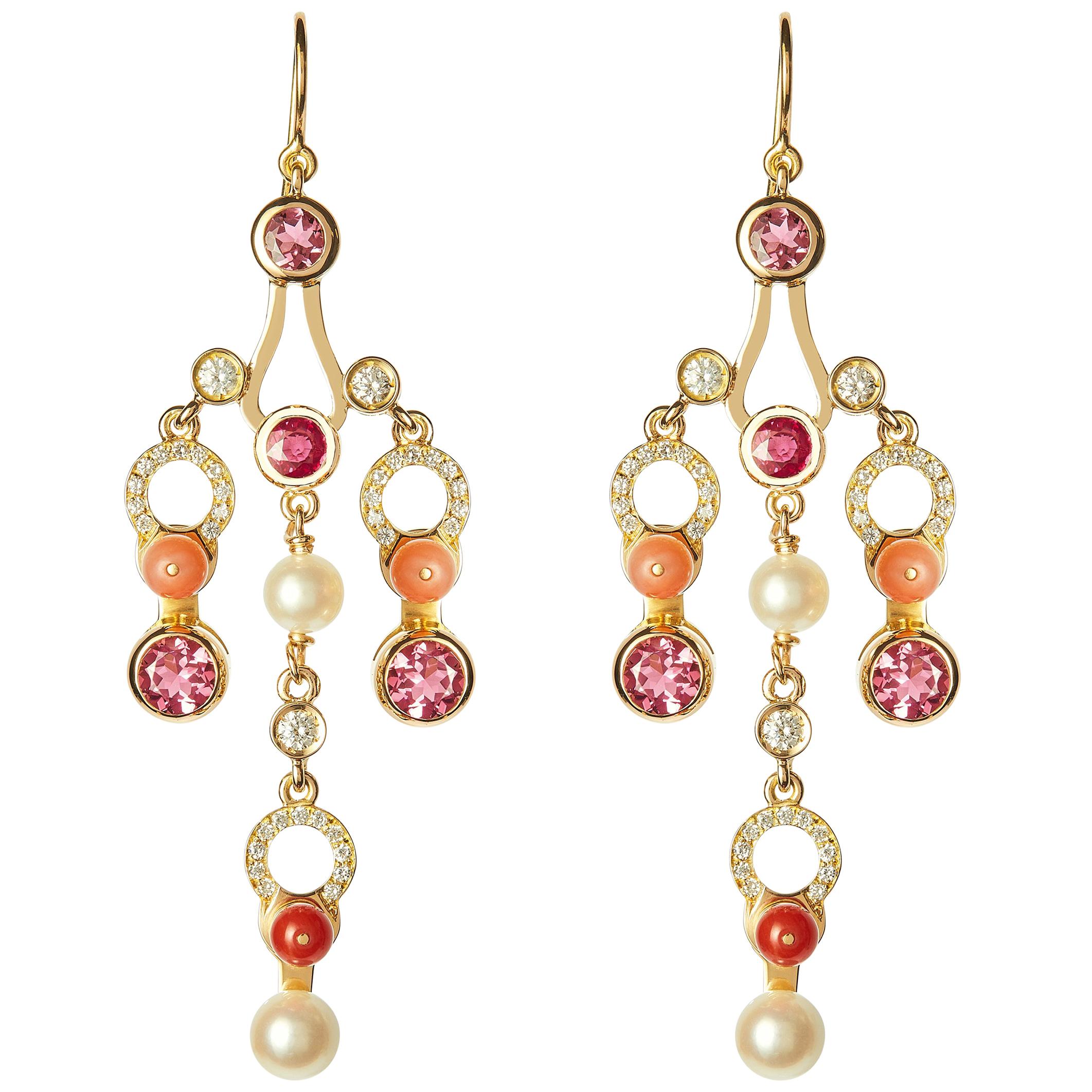 Nathalie Jean Diamond Ruby Tourmaline Pearl Carnelian Gold Chandelier Earrings For Sale