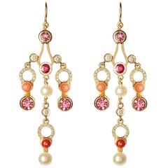 Nathalie Jean Diamond Ruby Tourmaline Pearl Carnelian Gold Chandelier Earrings