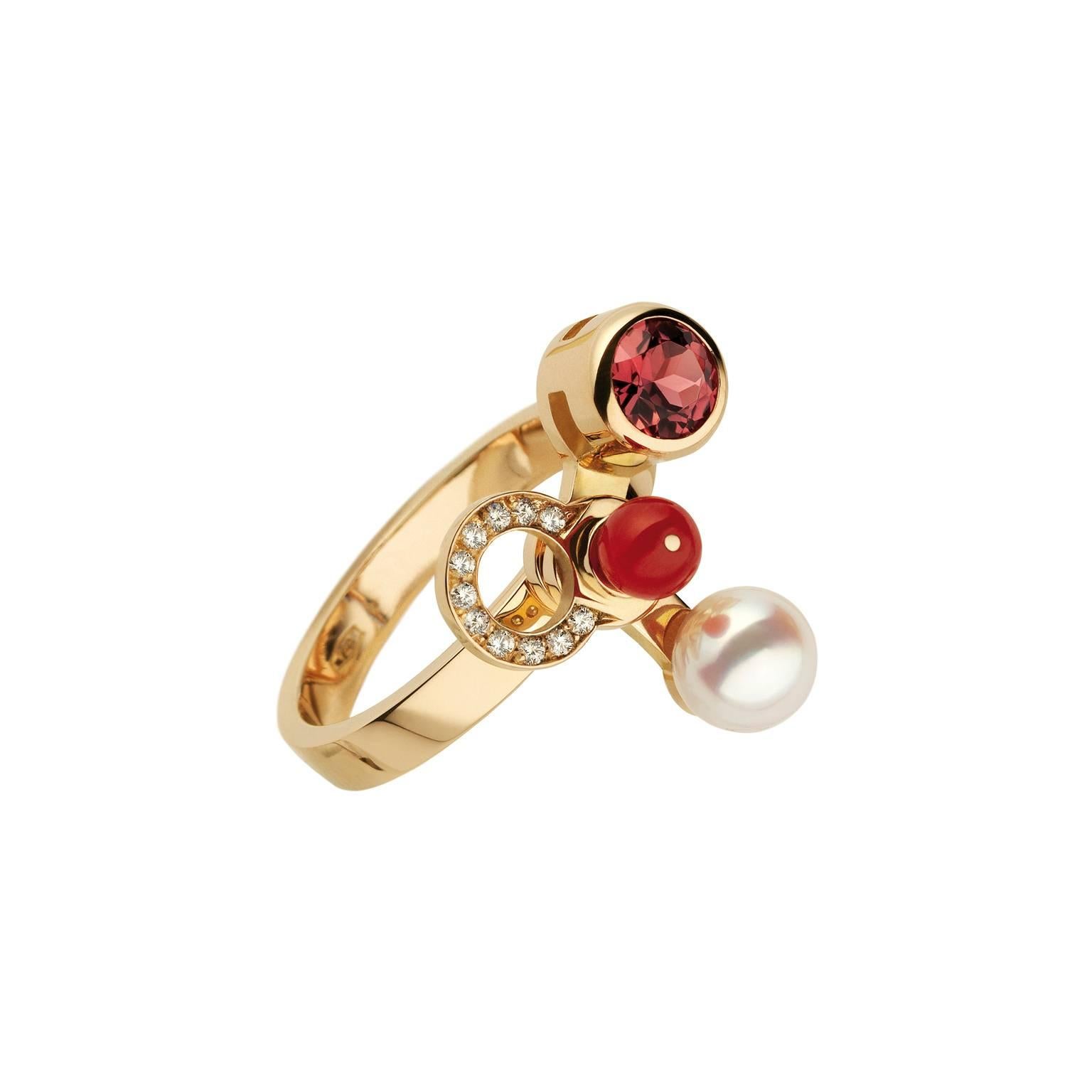 Round Cut Nathalie Jean Diamond Ruby Tourmaline Pearl Gold Carnelian Cocktail Ring For Sale
