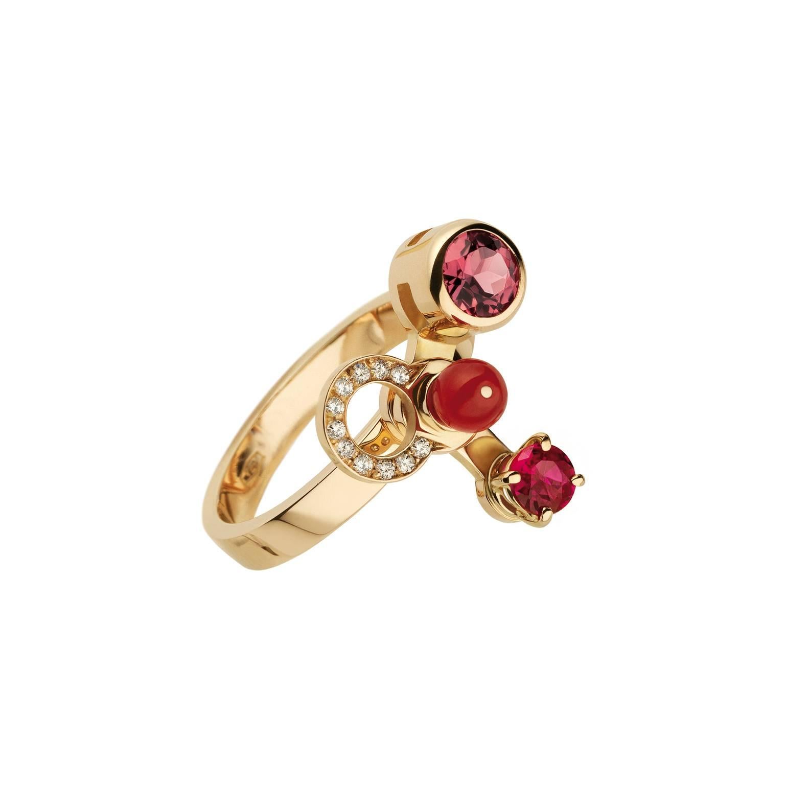 Nathalie Jean Diamond Ruby Tourmaline Pearl Gold Carnelian Cocktail Ring In New Condition For Sale In Milan, Lombardia