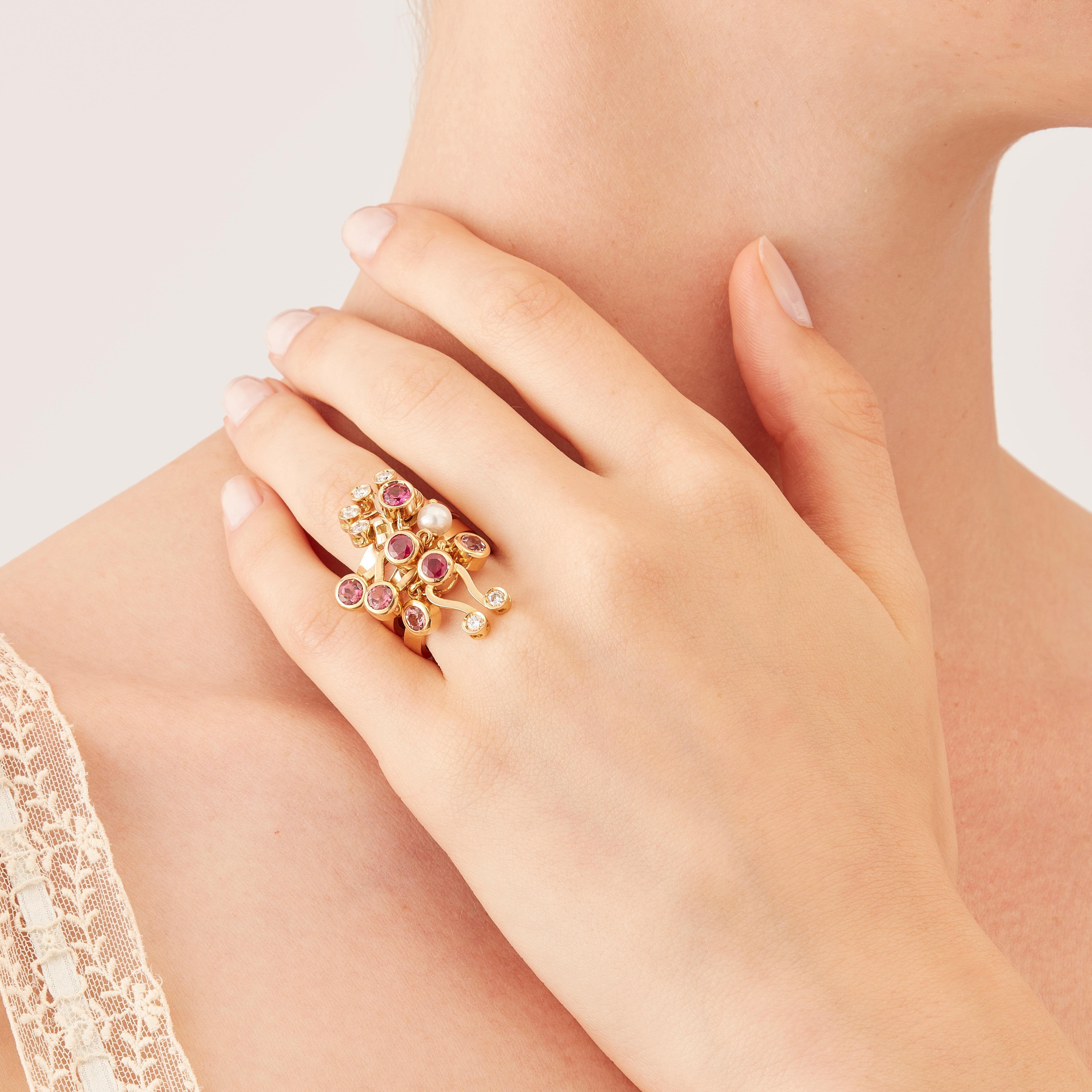 Made by hand in Nathalie Jean's Milan atelier, Micro Three Stack Rings from the Microcosmos Series are devised as a game, a construction or a sophisticated aerial mobile. Shapes attached to gold rings dangle lightly on the hand, their sculptural