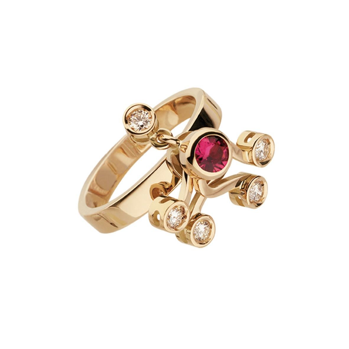 Contemporary Nathalie Jean Diamond Ruby Tourmaline Pearl Gold Colourful Cocktail Ring For Sale