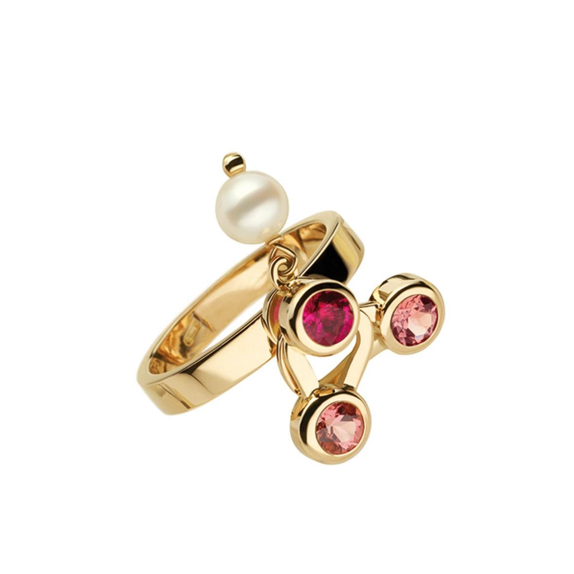Round Cut Nathalie Jean Diamond Ruby Tourmaline Pearl Gold Colourful Cocktail Ring For Sale