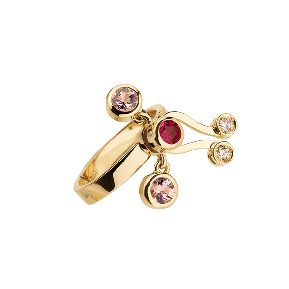 Round Cut Nathalie Jean Diamond Ruby Tourmaline Pearl Gold Colourful Cocktail Ring For Sale