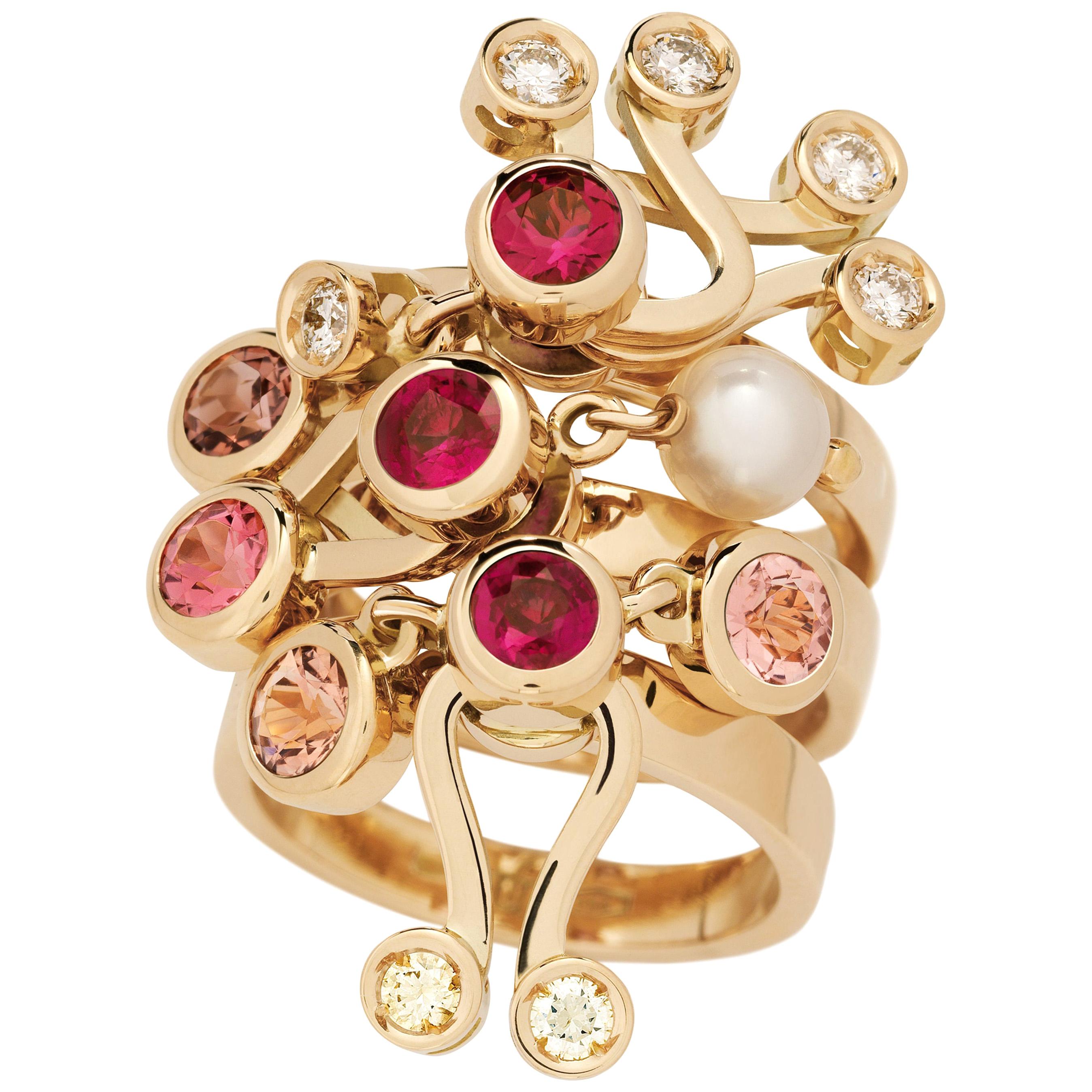 Nathalie Jean Diamond Ruby Tourmaline Pearl Gold Colourful Cocktail Ring For Sale