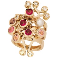 Nathalie Jean Diamante Rubí Turmalina Perla Oro Colorido Anillo de Cóctel