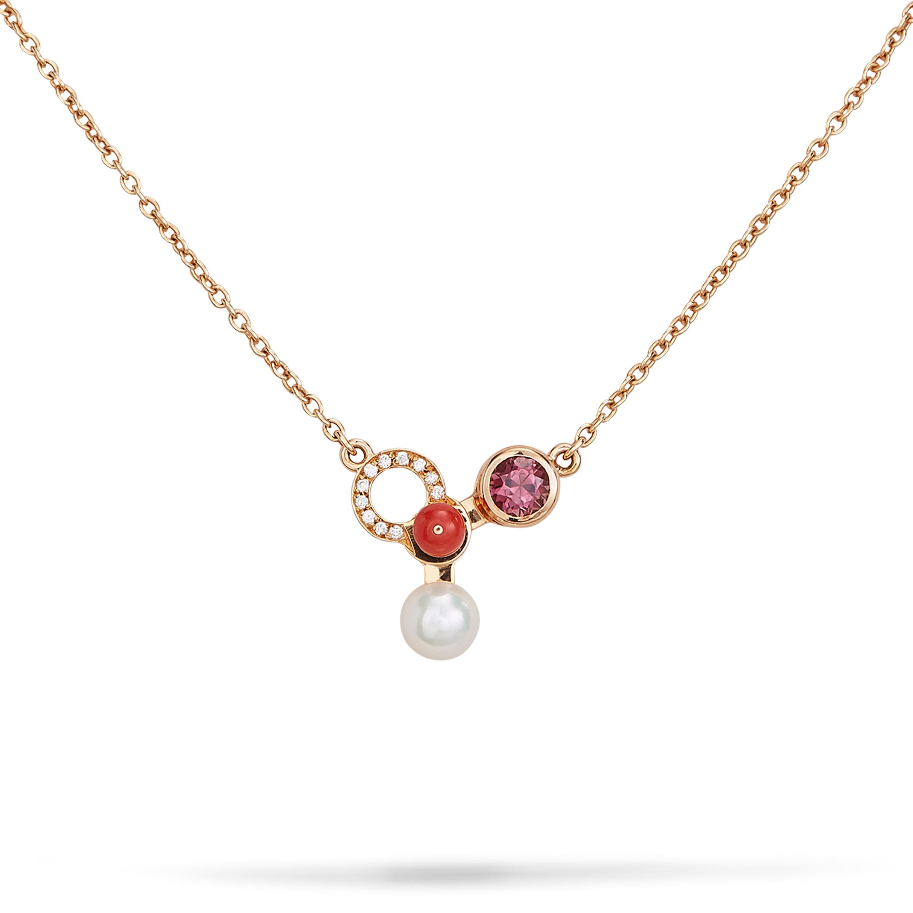 Round Cut Nathalie Jean Diamond Tourmaline Pearl Carnelian Gold Pendant Necklace For Sale