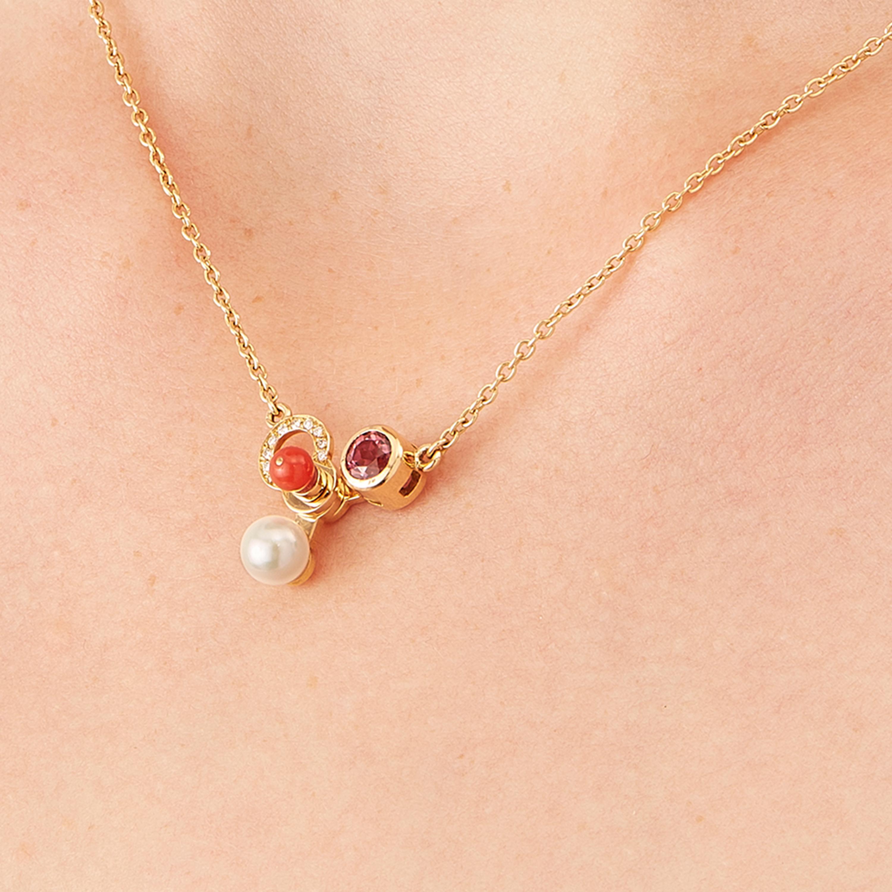 Nathalie Jean Diamond Tourmaline Pearl Carnelian Gold Pendant Necklace In New Condition In Milan, Lombardia