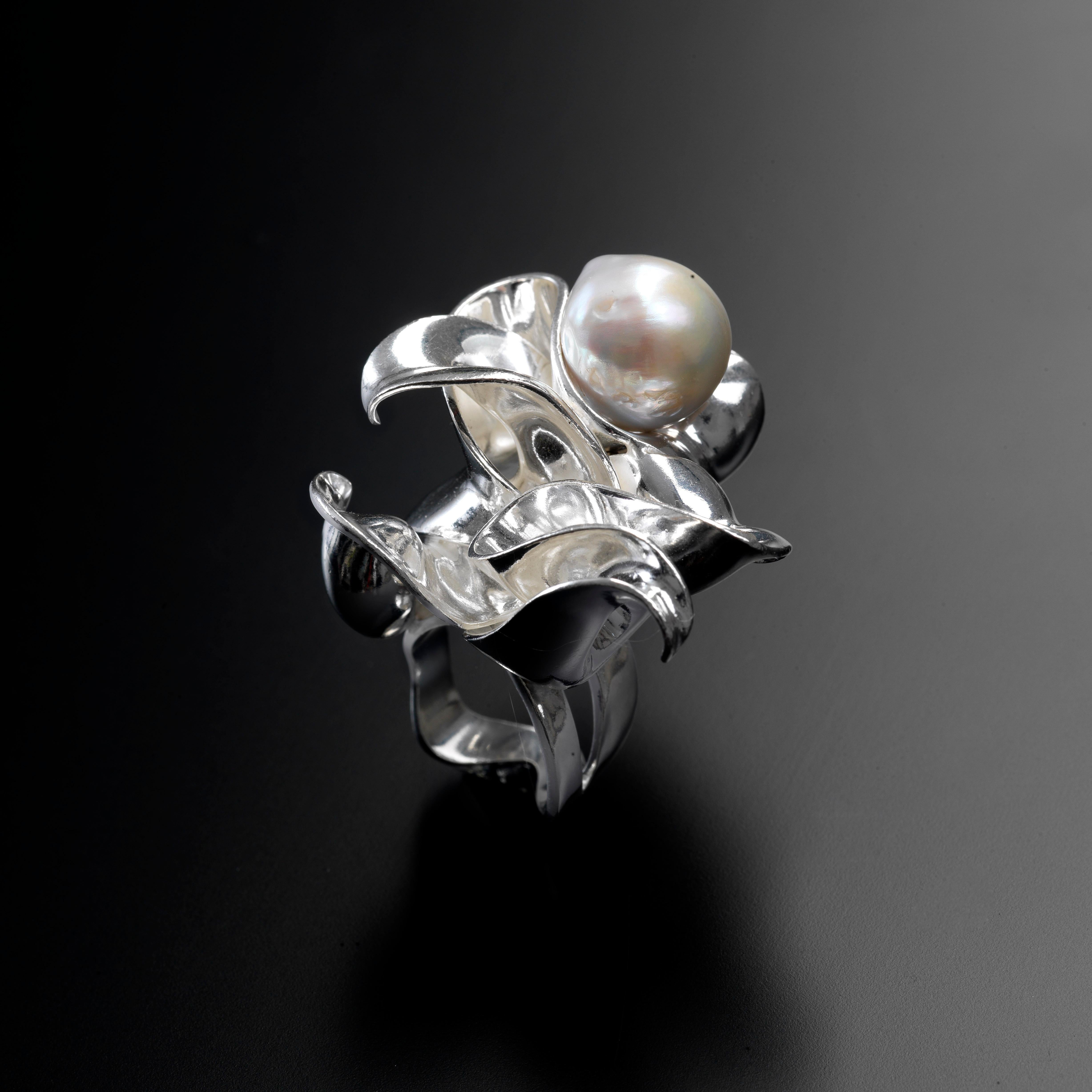Uncut Nathalie Jean Freshwater Pearl Sterling Silver Sculpture Cocktail Ring For Sale