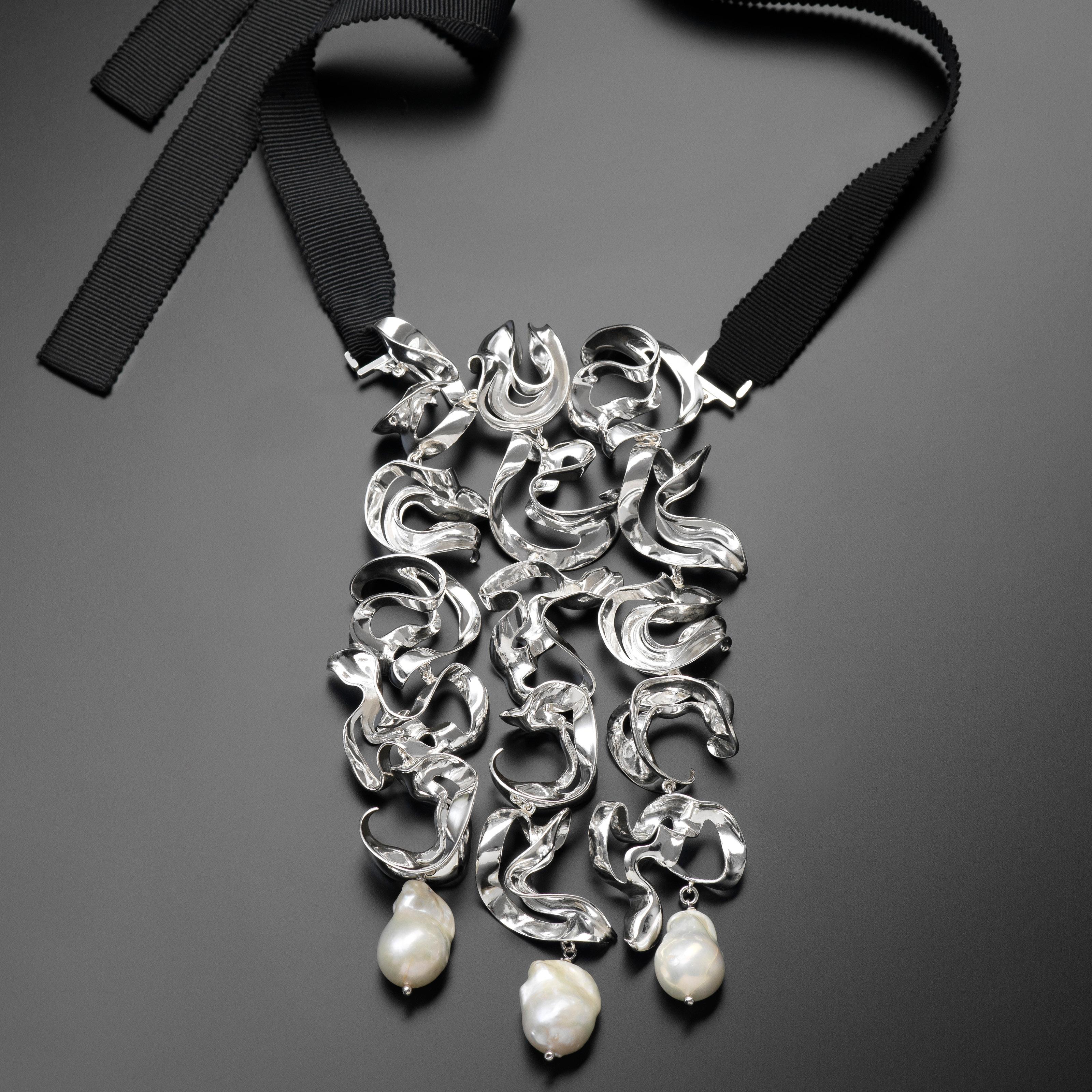 Contemporary Nathalie Jean Freshwater Pearl Sterling Silver Silk Drop Necklace For Sale