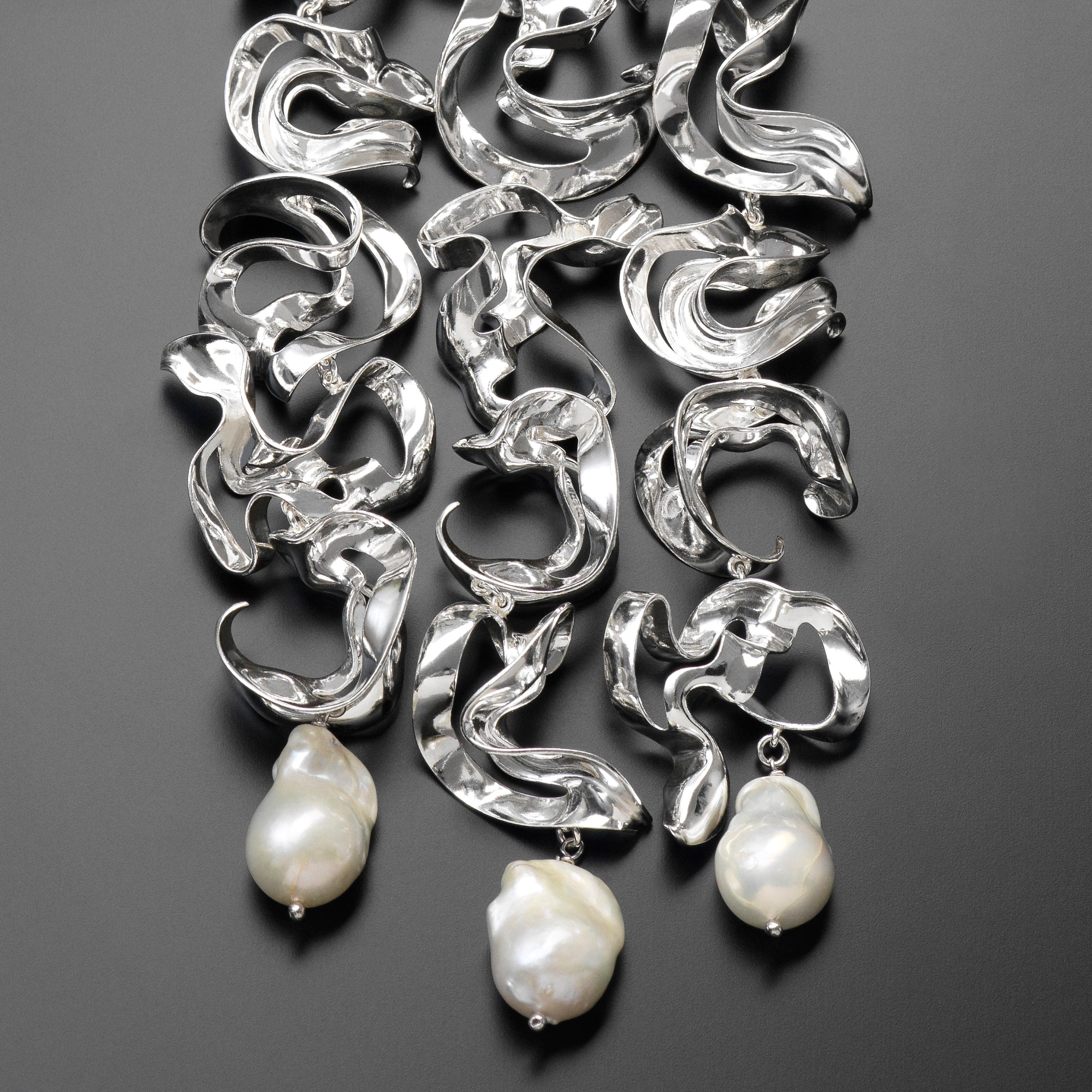 Uncut Nathalie Jean Freshwater Pearl Sterling Silver Silk Drop Necklace For Sale
