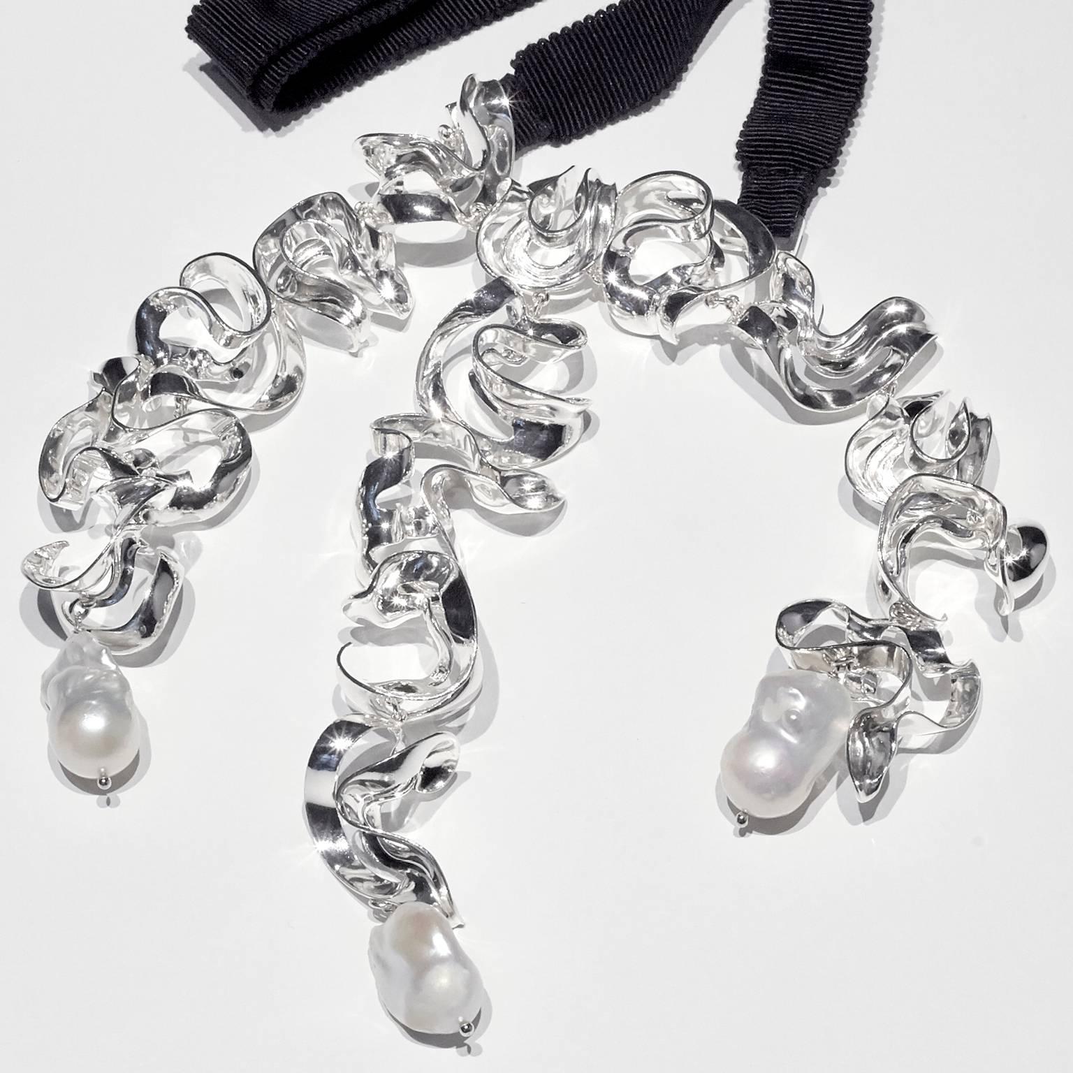 Women's or Men's Nathalie Jean Freshwater Pearl Sterling Silver Silk Drop Necklace For Sale