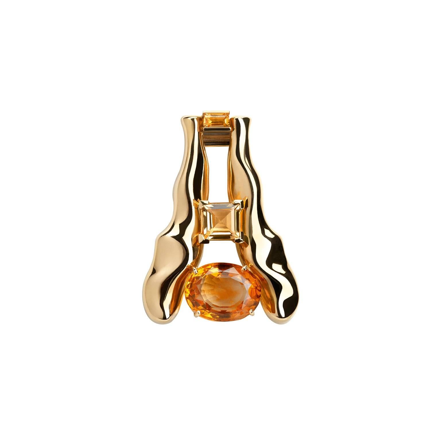 Contemporary Nathalie Jean Palmeira Quartz Citrine Quartz Gold Brooch and Pendant Necklace For Sale