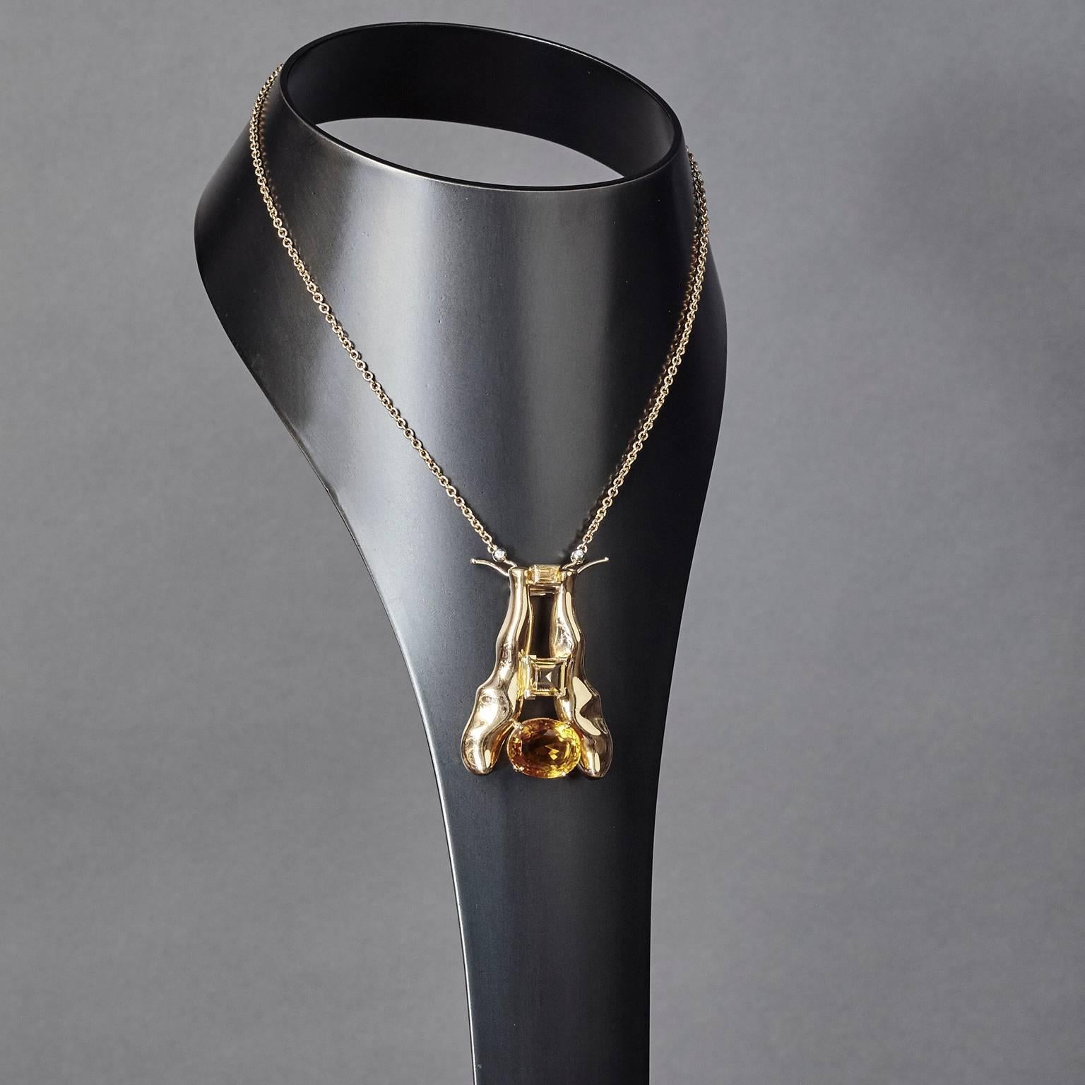 Nathalie Jean Palmeira Quartz Citrine Quartz Gold Brooch and Pendant Necklace In New Condition For Sale In Milan, Lombardia
