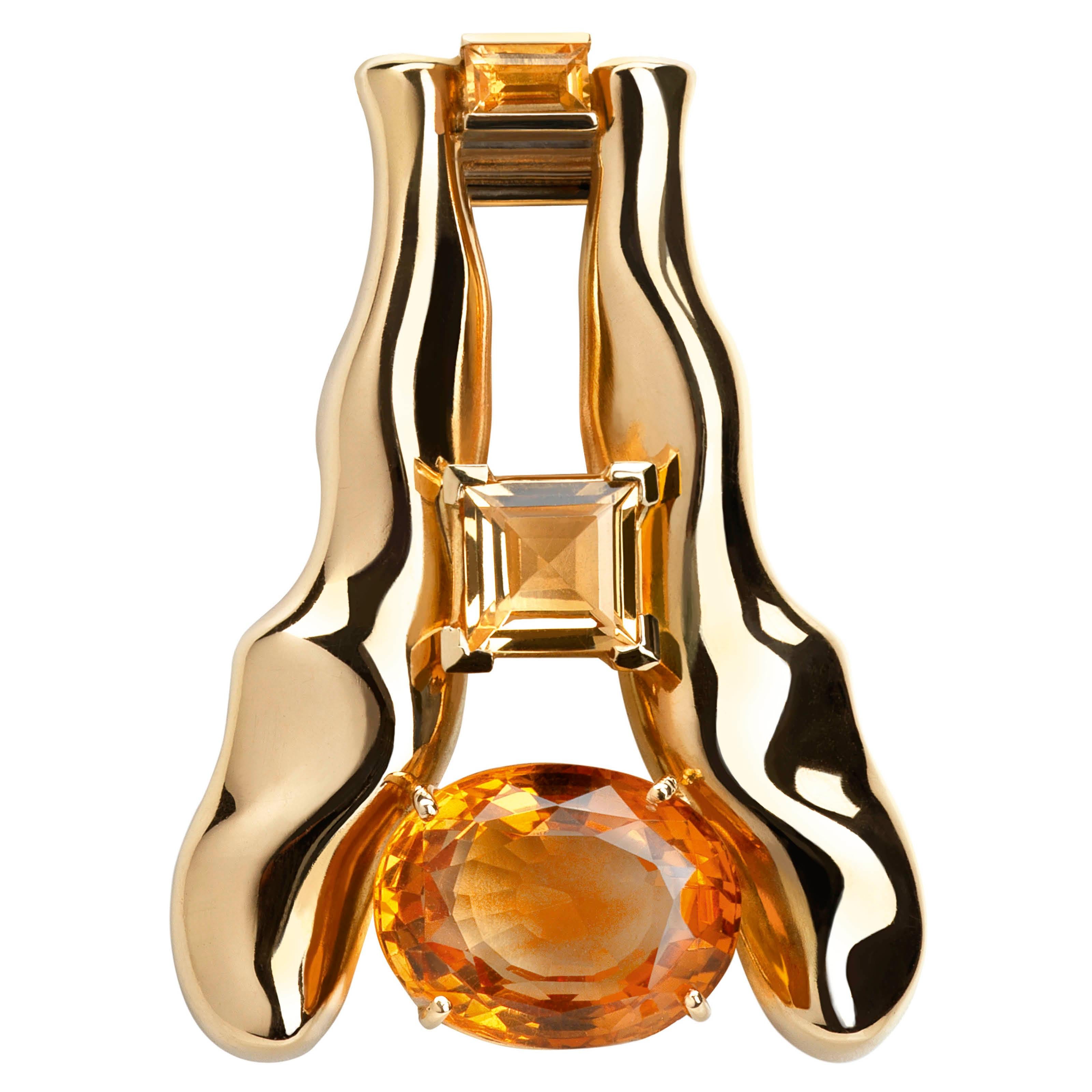 Women's or Men's Nathalie Jean Palmeira Quartz Citrine Quartz Gold Brooch and Pendant Necklace For Sale