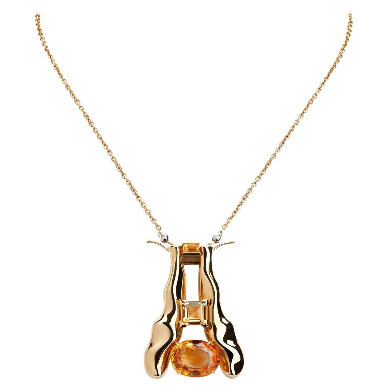 Nathalie Jean Palmeira Quartz Citrine Quartz Gold Brooch and Pendant Necklace For Sale
