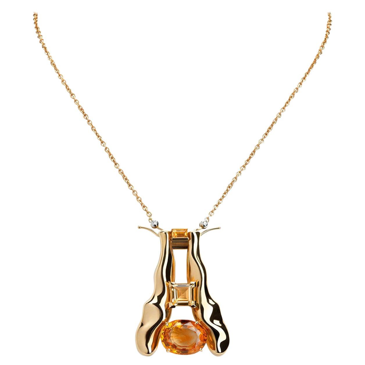 Nathalie Jean Palmeira Quartz Citrine Quartz Gold Brooch and Pendant Necklace