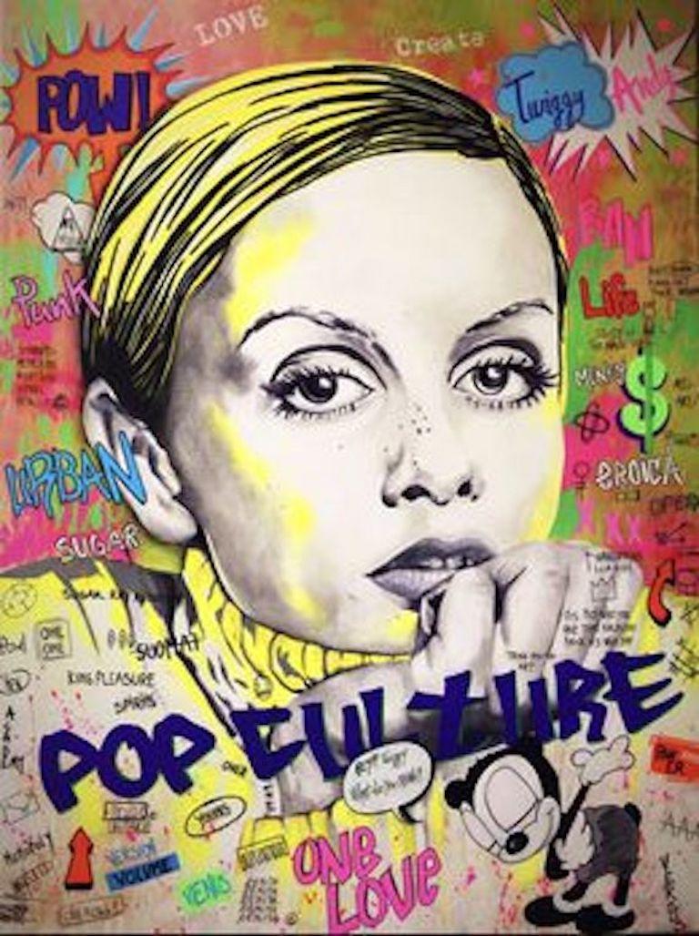 Nathalie Molla Figurative Painting - pop art hand painted on canvas "Twiggy" model figurative
