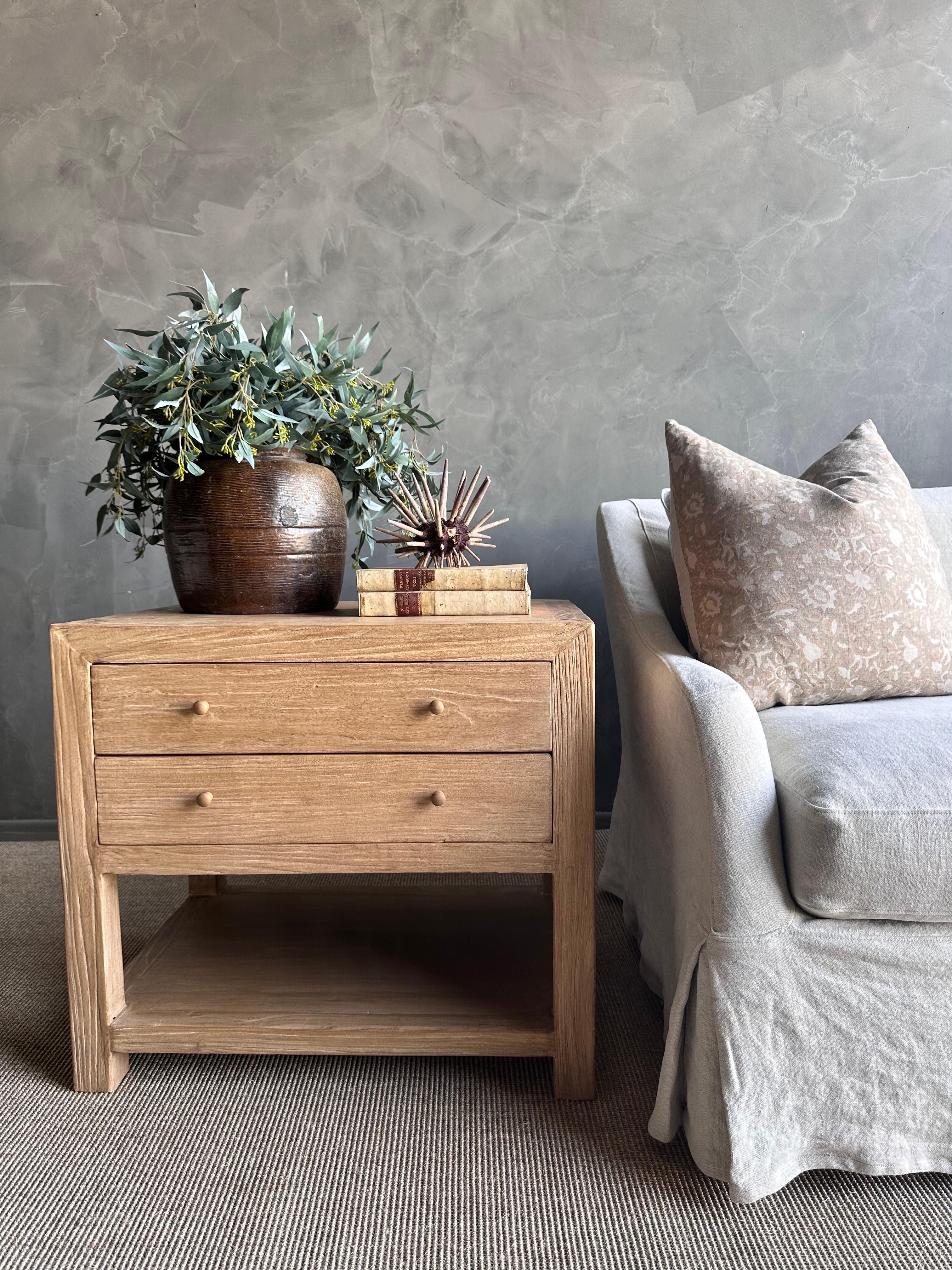 Nathalie Nightstand in Reclaimed Elm Wood Natural Finish 2 Drawer For Sale 3