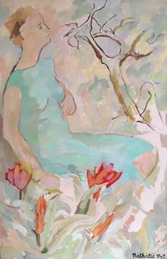 Großes impressionistisches Ölgemälde einer Dame in Aquamarin