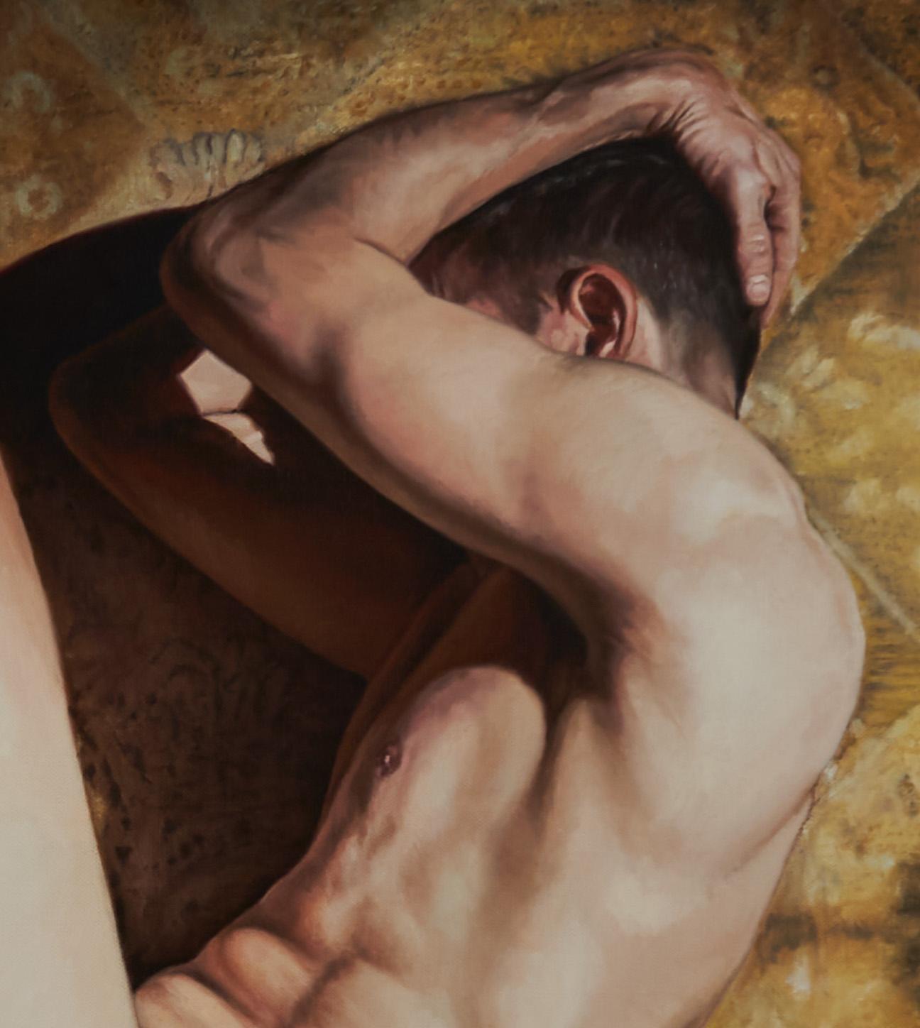 Day Break - Figura nuda dall'alto, pittura a olio originale - Nude Painting Nero di Nathan Brad Hall