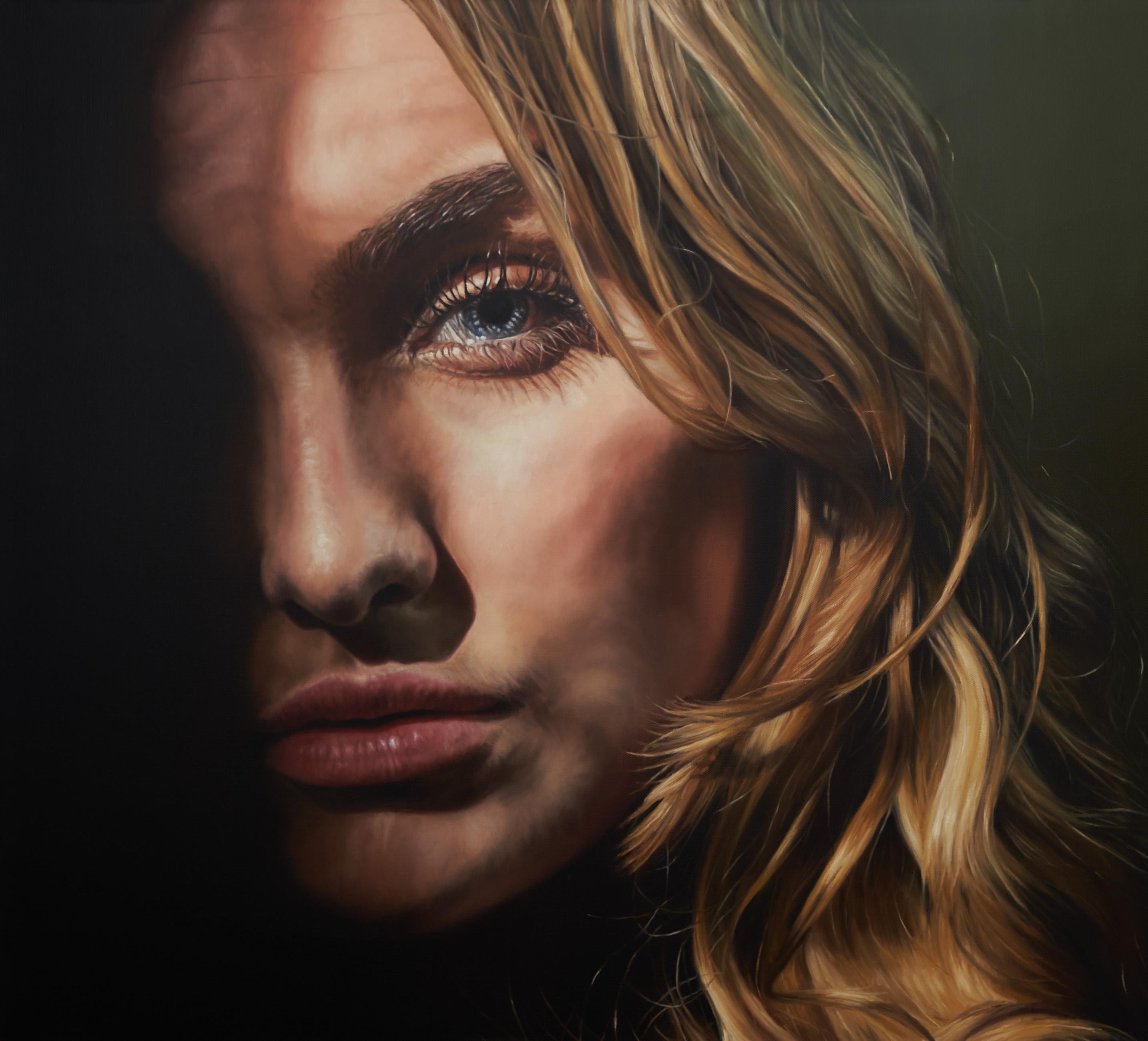 Elsewhere, Large Scale Portrait of a Blond Woman Emerging from the Shadows - Painting by Nathan Brad Hall