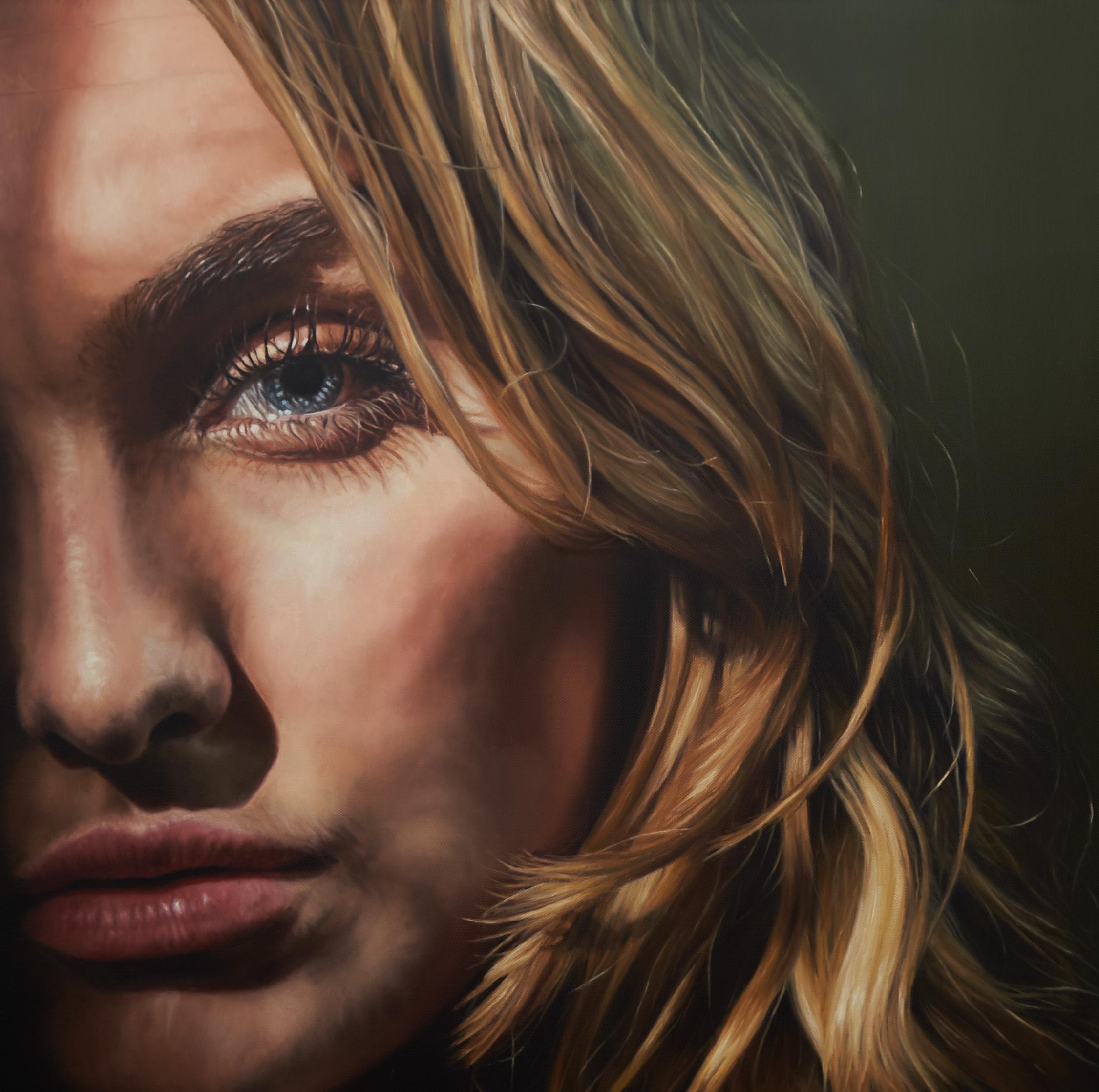Elsewhere, Large Scale Portrait of a Blond Woman Emerging from the Shadows - Contemporary Painting by Nathan Brad Hall