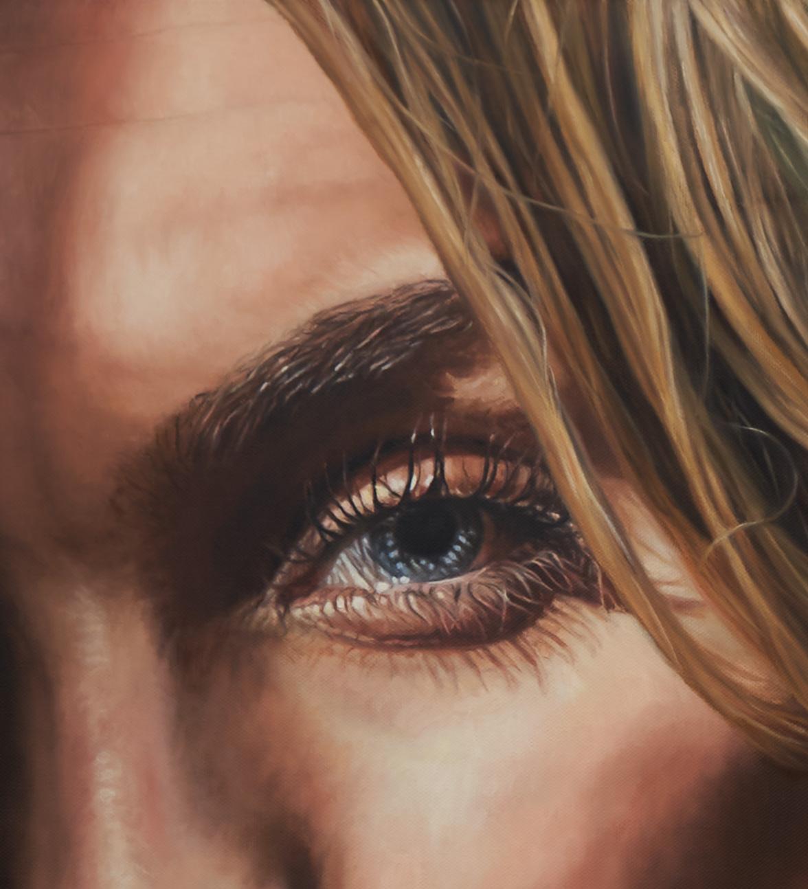 Elsewhere, Large Scale Portrait of a Blond Woman Emerging from the Shadows - Black Nude Painting by Nathan Brad Hall