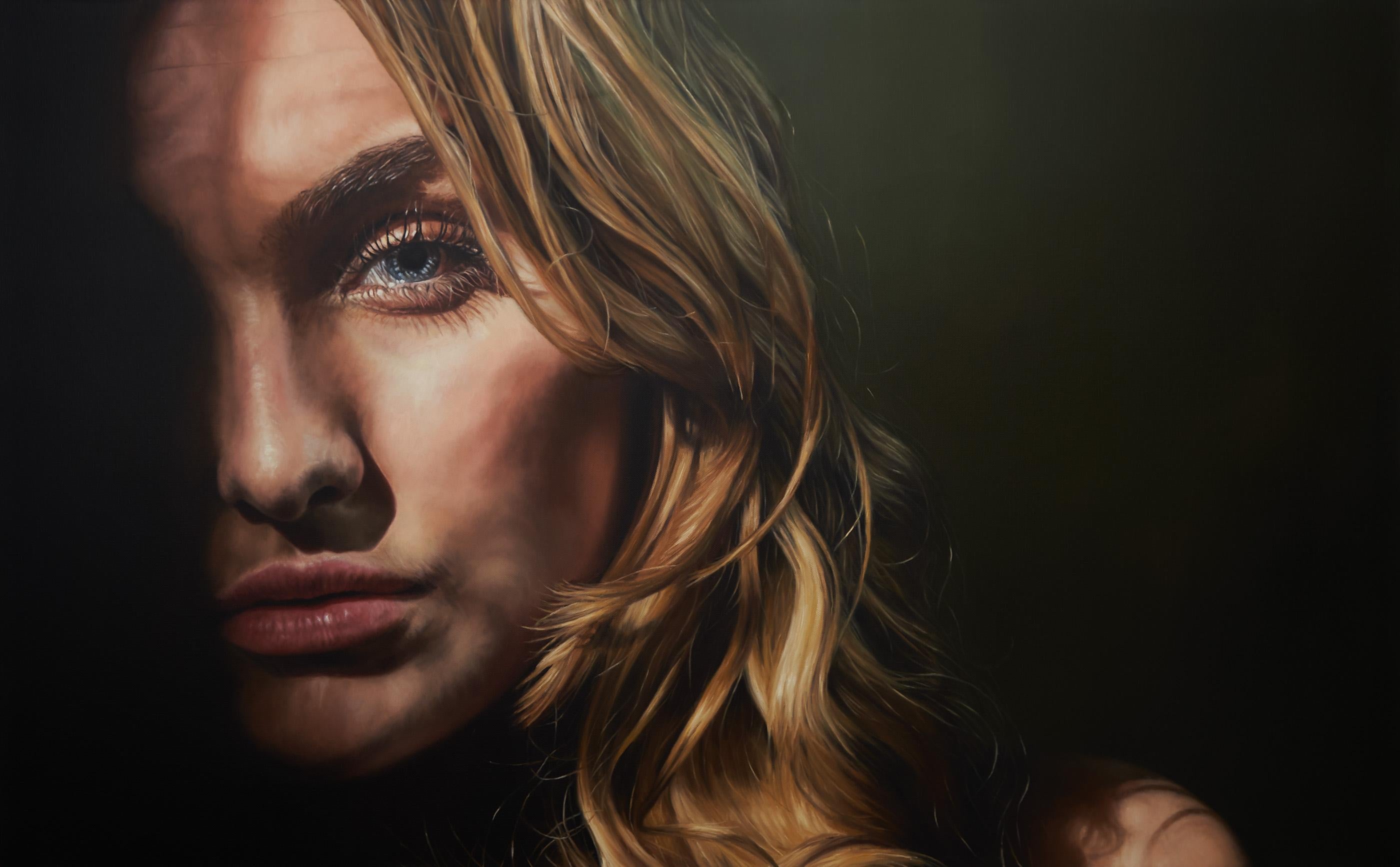 Nathan Brad Hall Nude Painting - Elsewhere, Large Scale Portrait of a Blond Woman Emerging from the Shadows