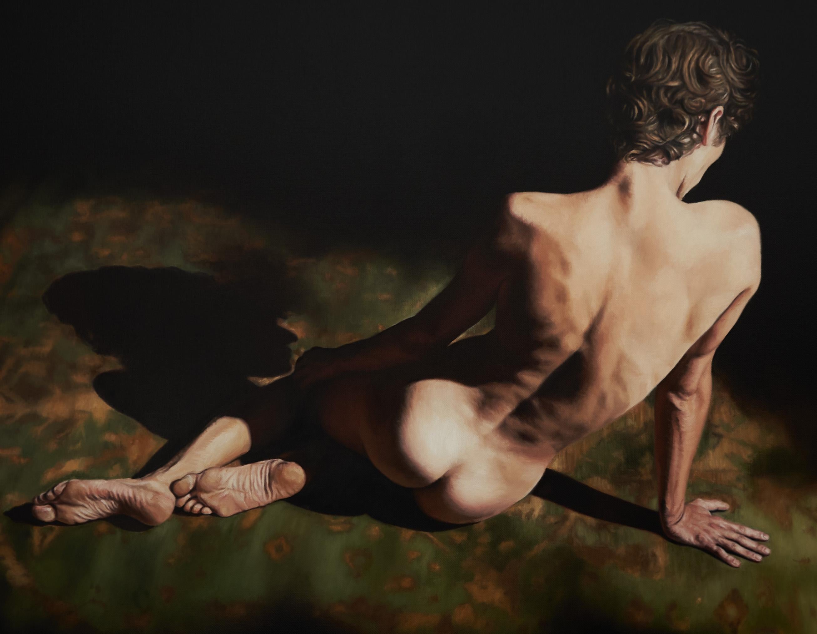 Gossamer- Chiaroscuro Lit Painting of a Nude Figure with Golden Hair - Black Nude Painting by Nathan Brad Hall