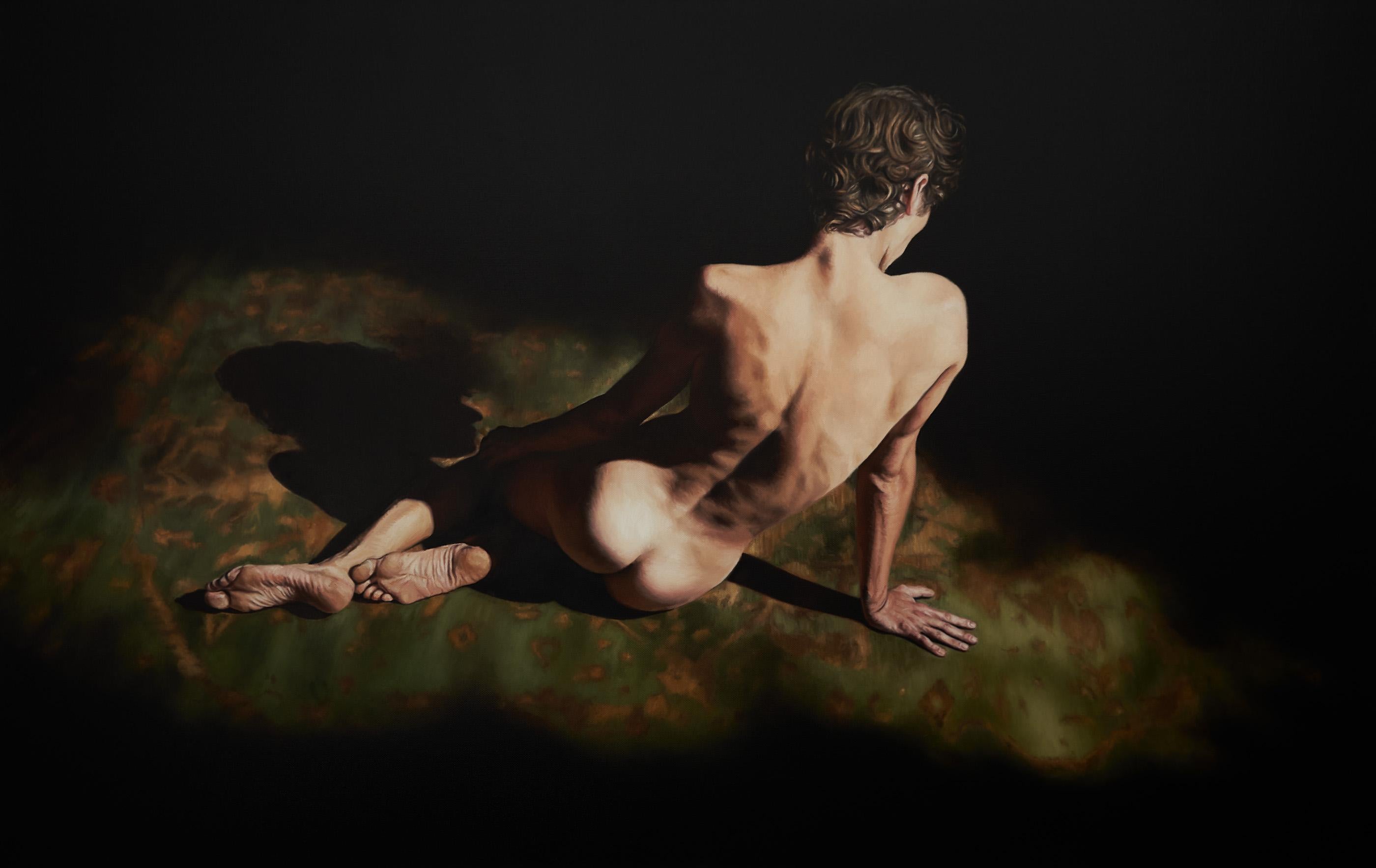 Nathan Brad Hall Nude Painting - Gossamer- Chiaroscuro Lit Painting of a Nude Figure with Golden Hair