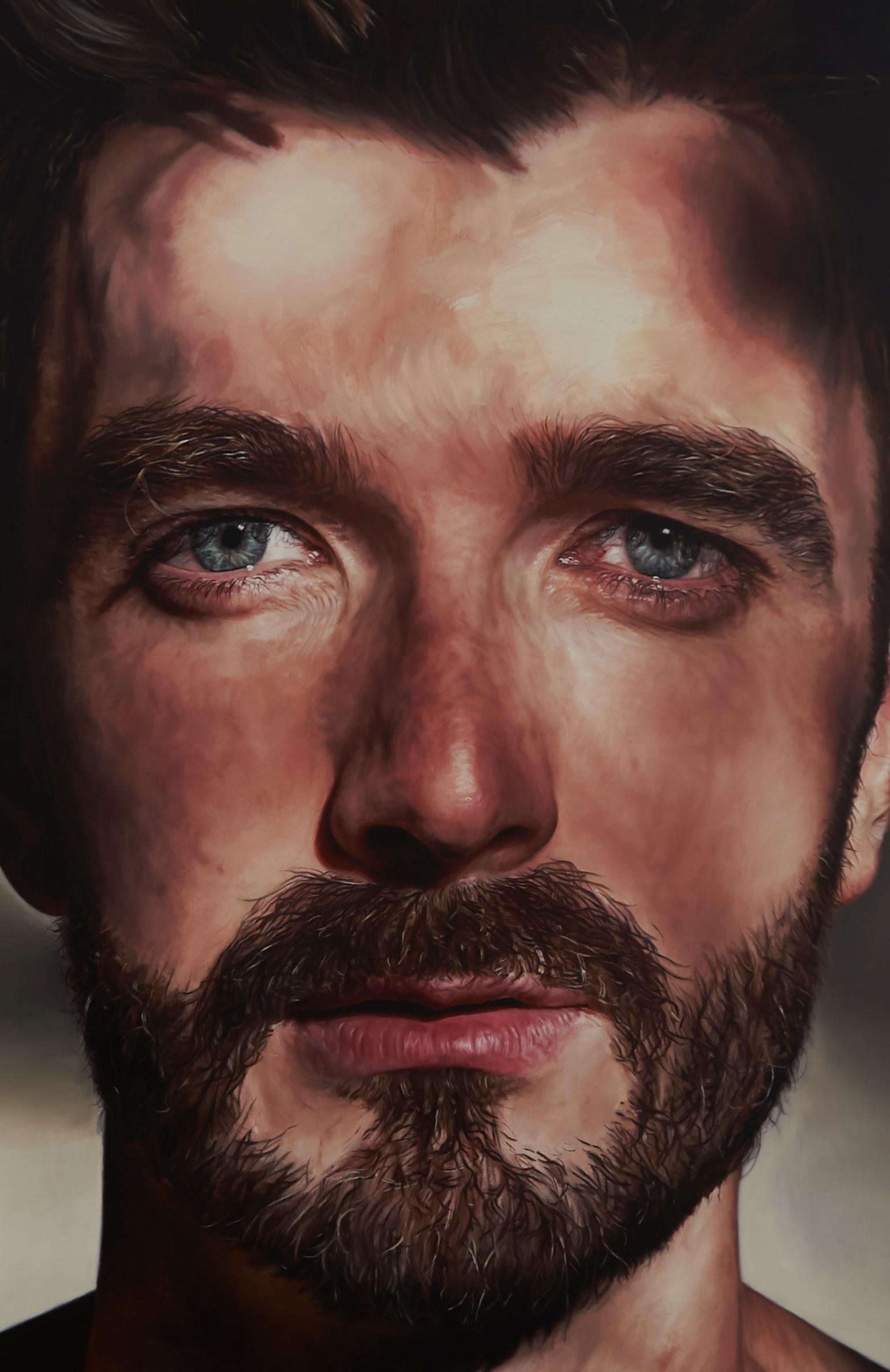 I Love You the First Time, Large Scale Portrait, Bearded Man in Dappled Light - Black Figurative Painting by Nathan Brad Hall