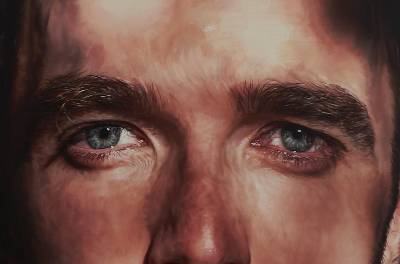 Dappled light brings an intimacy to this large scale portrait of a bearded man who gazes directly at the viewer.  While Hall’s depictions may at  first-glance seem hyper-realist in execution, the artist’s selective use of thickly modeled paint