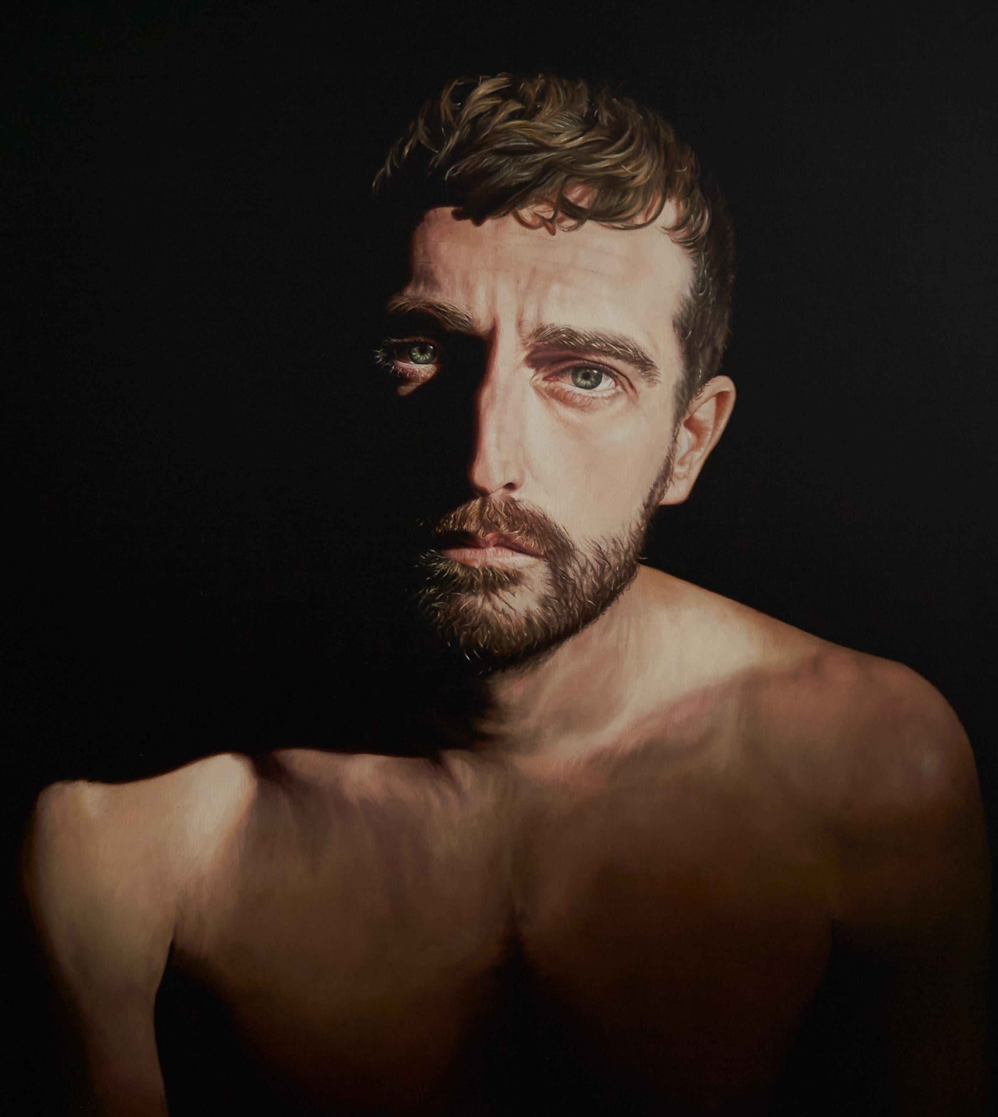 The Space Between - Large Portrait of Bearded, Shirtless Male, Original Oil - Painting by Nathan Brad Hall