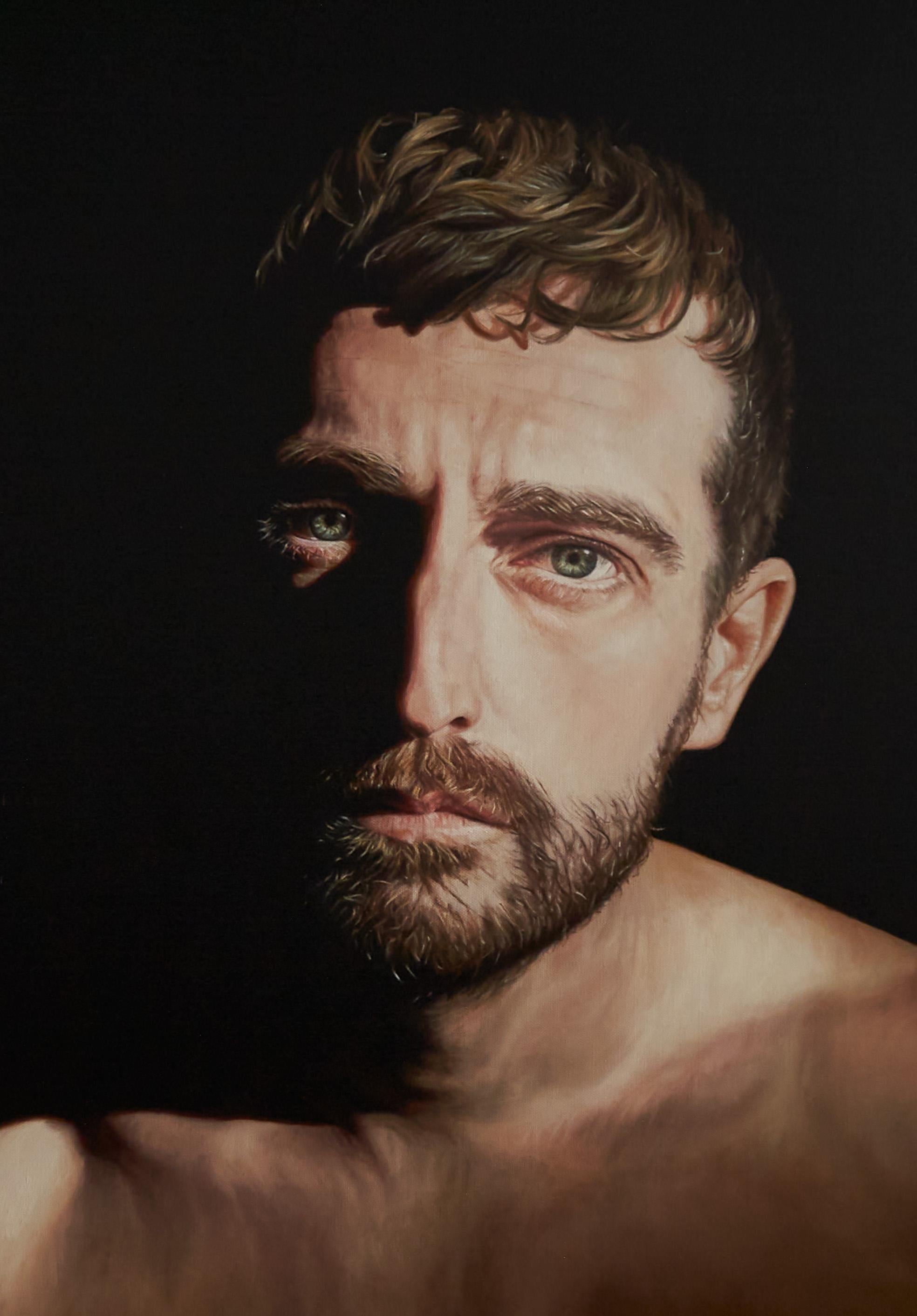 The Space Between - Large Portrait of Bearded, Shirtless Male, Original Oil - Contemporary Painting by Nathan Brad Hall