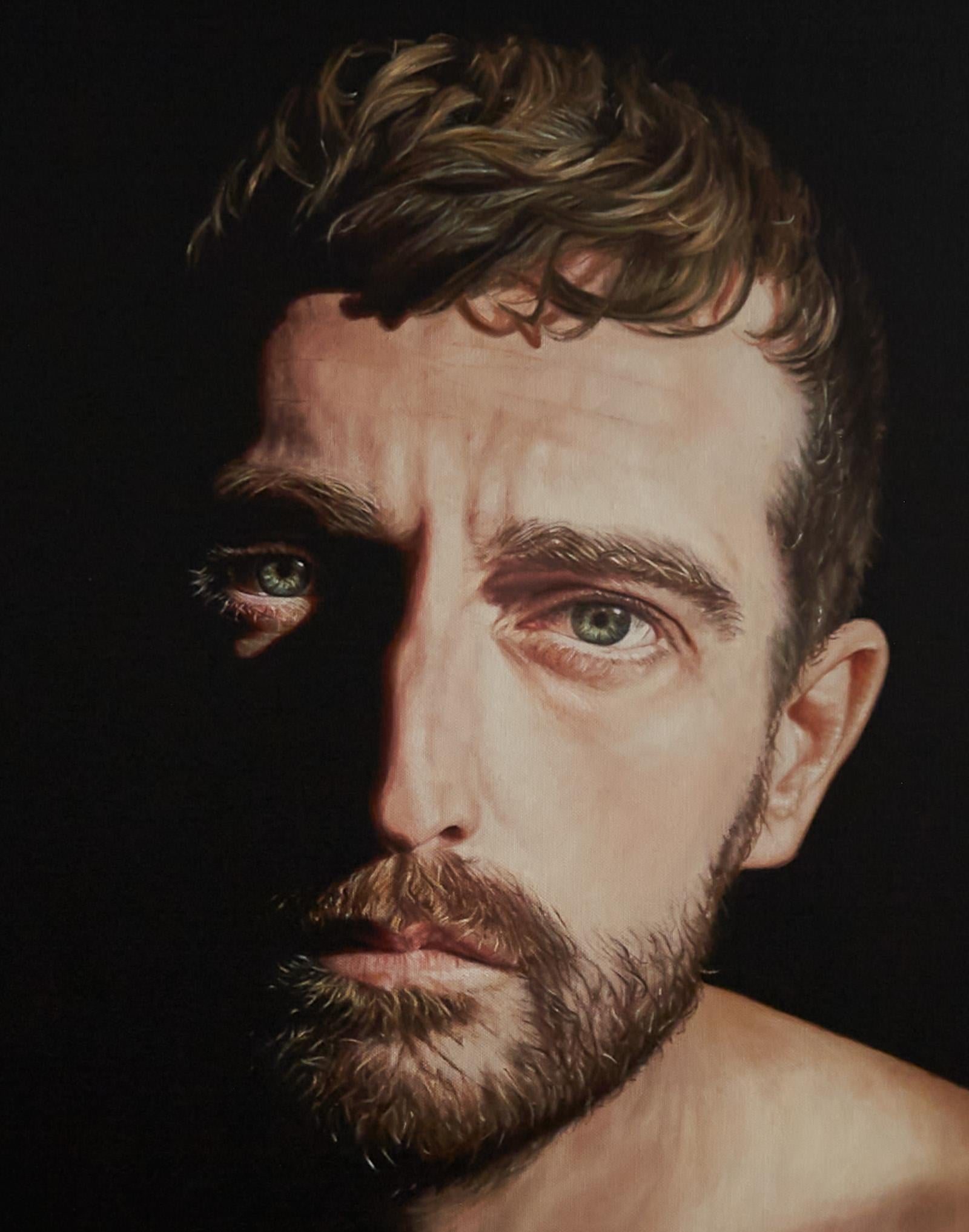 The Space Between - Large Portrait of Bearded, Shirtless Male, Original Oil - Black Nude Painting by Nathan Brad Hall