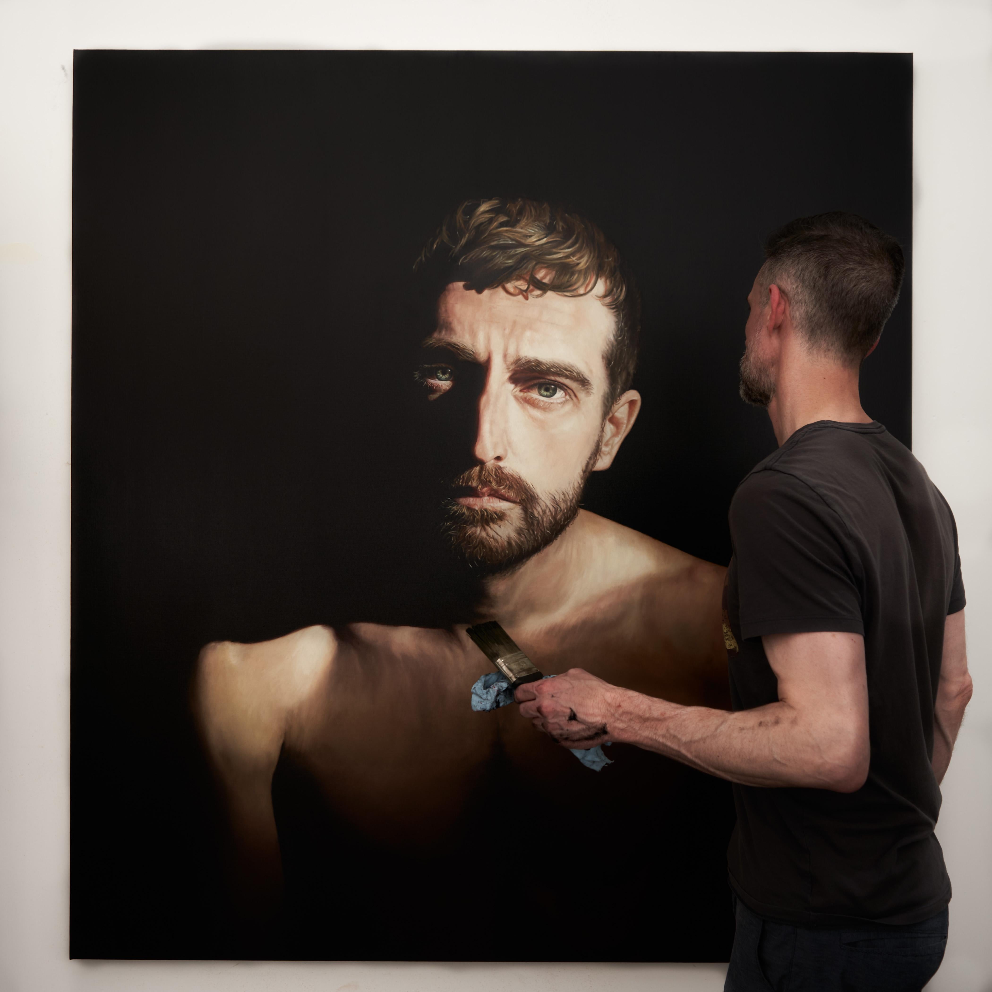 The Space Between - Large Portrait of Bearded, Shirtless Male, Original Oil For Sale 1