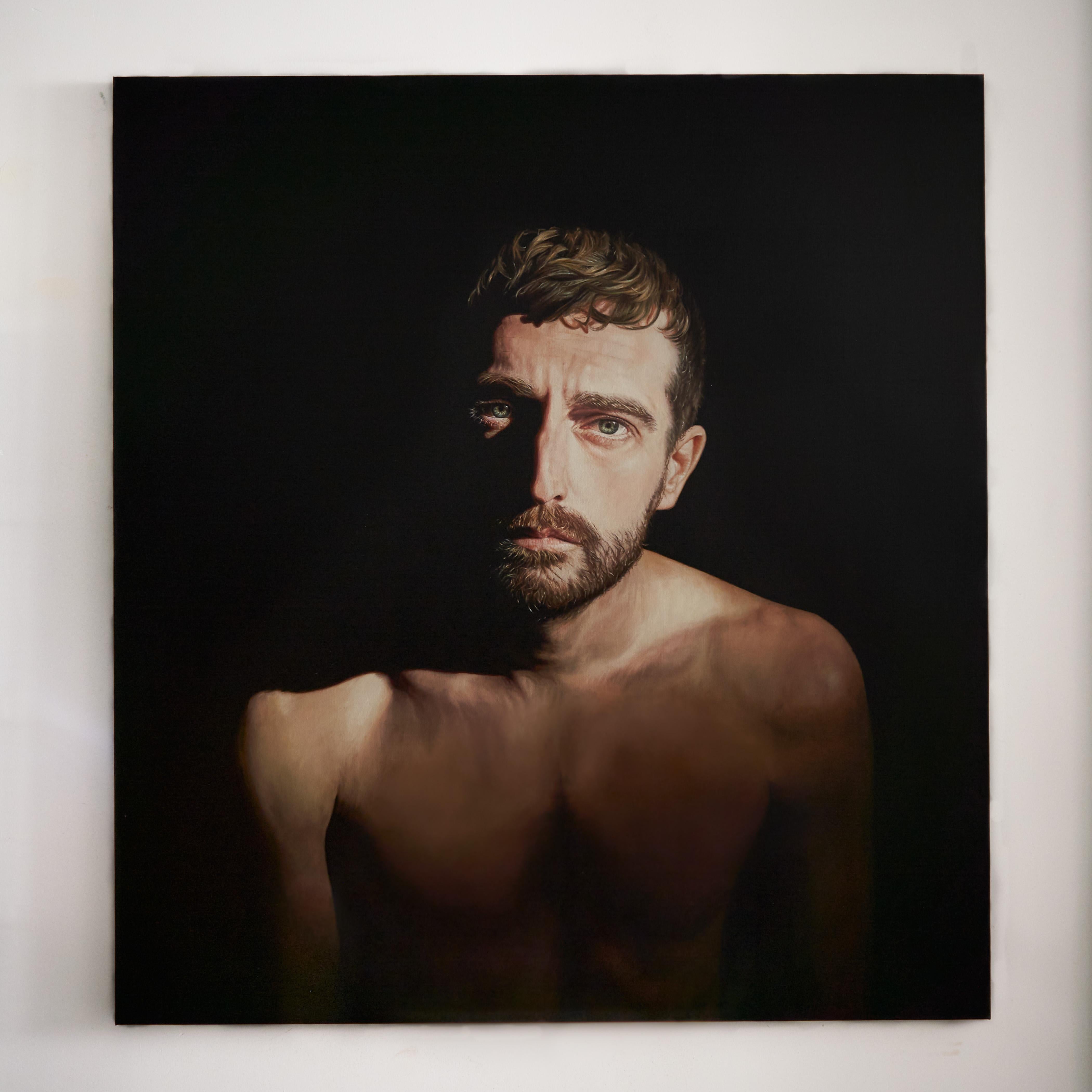 The Space Between - Large Portrait of Bearded, Shirtless Male, Original Oil For Sale 2