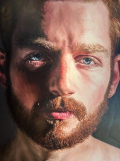 Wait For Me, Large Scale Portrait, Male with Piercing Blue Eyes, Oil on Linen