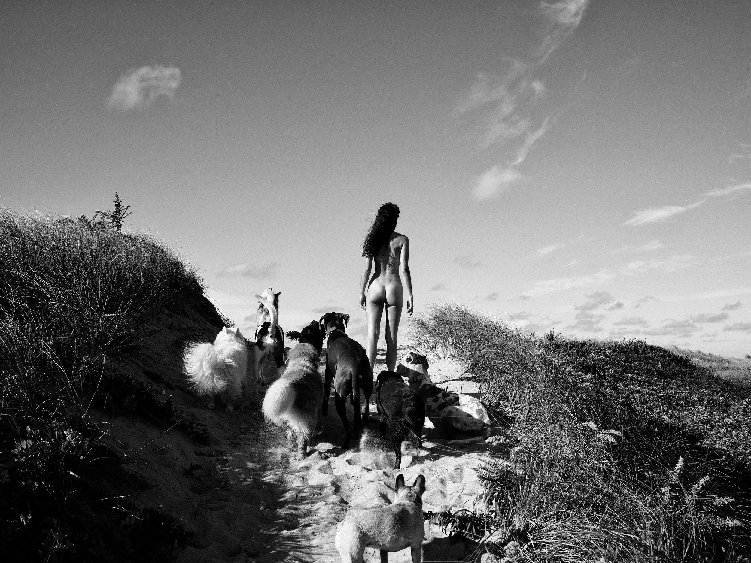 Nathan Coe Black and White Photograph – Dogwalker