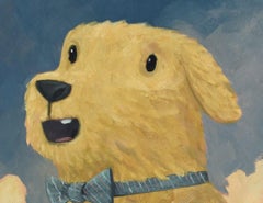 Chien en or, 2026 - Contemporain Petit chien jaune, main, ciel nuageux Peinture