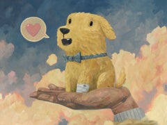 Chien en or, 2026 - Contemporain Petit chien jaune, main, ciel nuageux Peinture