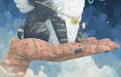 Moon Cat, 2026 - Figurative Winged cat, tattooed hand, night sky Painting