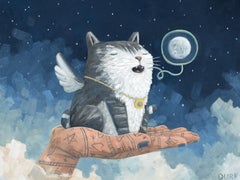 Moon Cat, 2026 - Figurative Winged cat, tattooed hand, night sky Painting