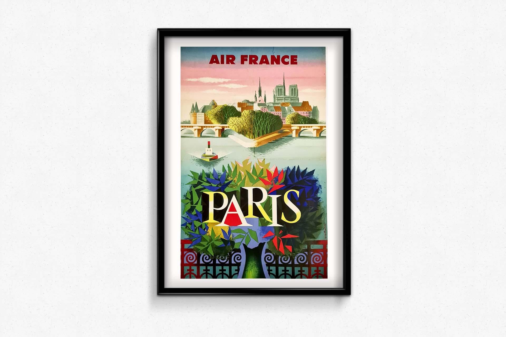 Original travel poster by Nathan for the Airline Air France - Notre-Dame - Paris For Sale 1